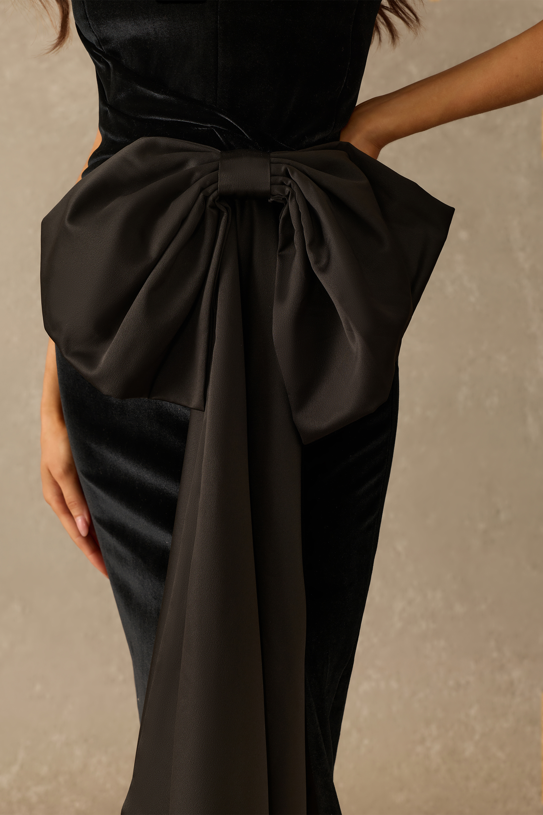Midnight Calling Strapless Bow Detail Velvet Maxi Dress