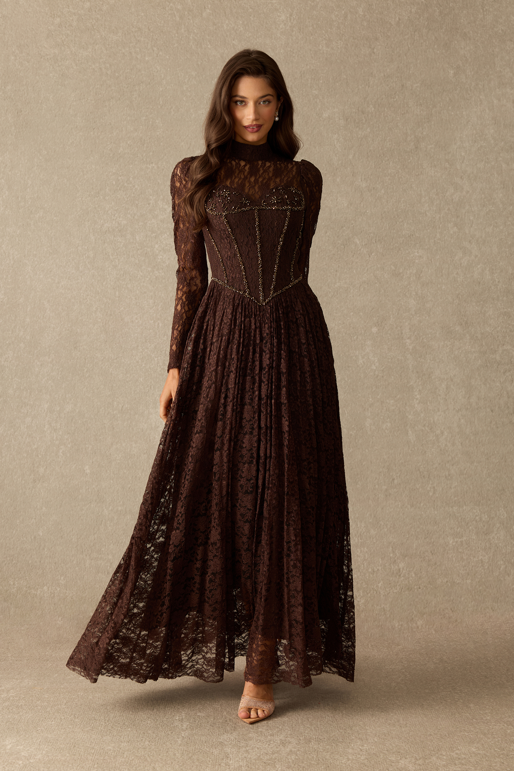 Charming Encounter Rhinestone Embellished Lace Corset Maxi Dress