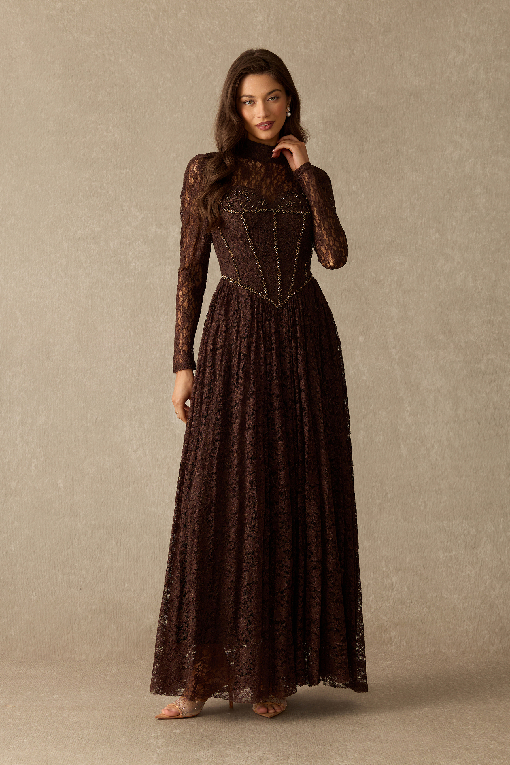Charming Encounter Rhinestone Embellished Lace Corset Maxi Dress