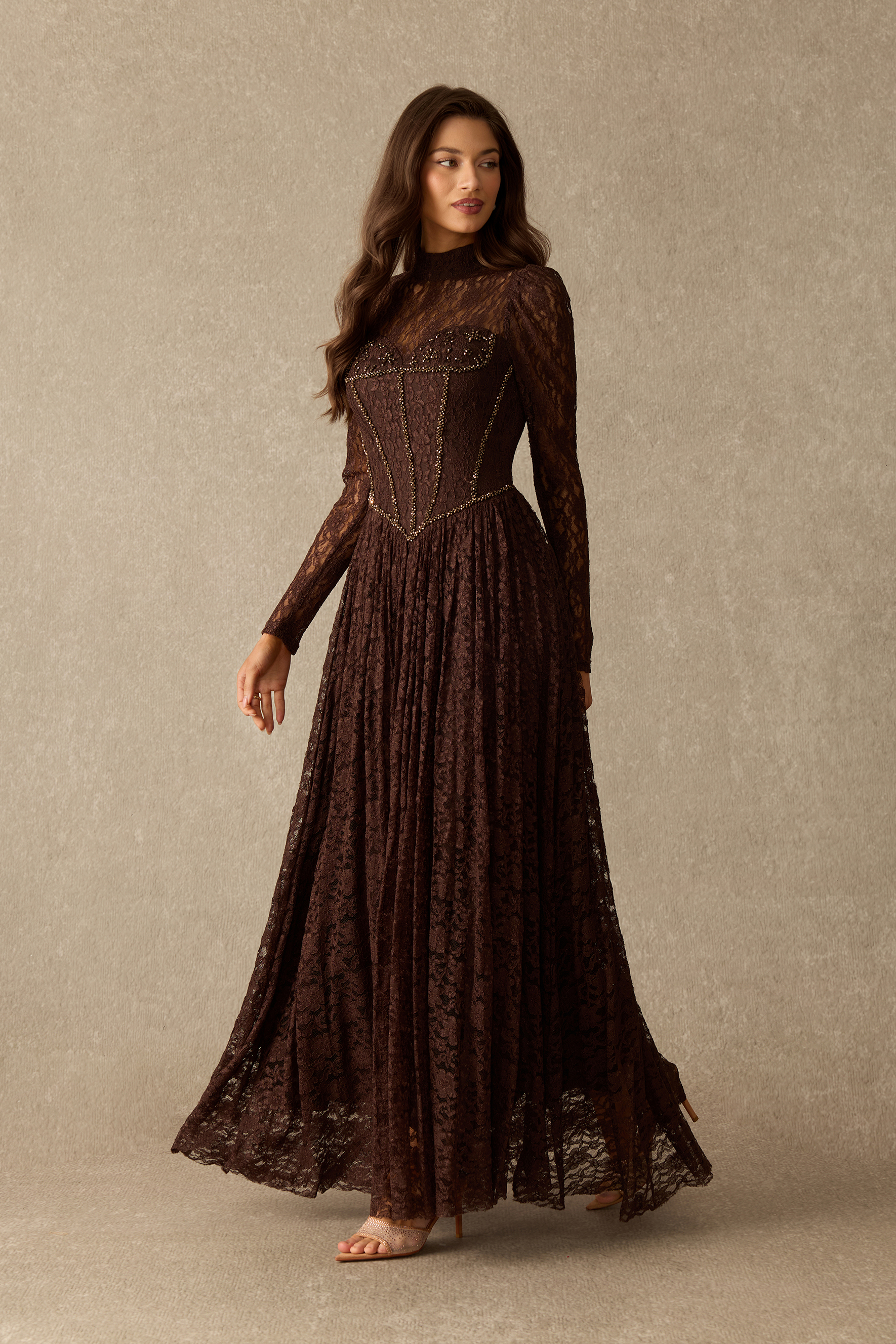 Charming Encounter Rhinestone Embellished Lace Corset Maxi Dress