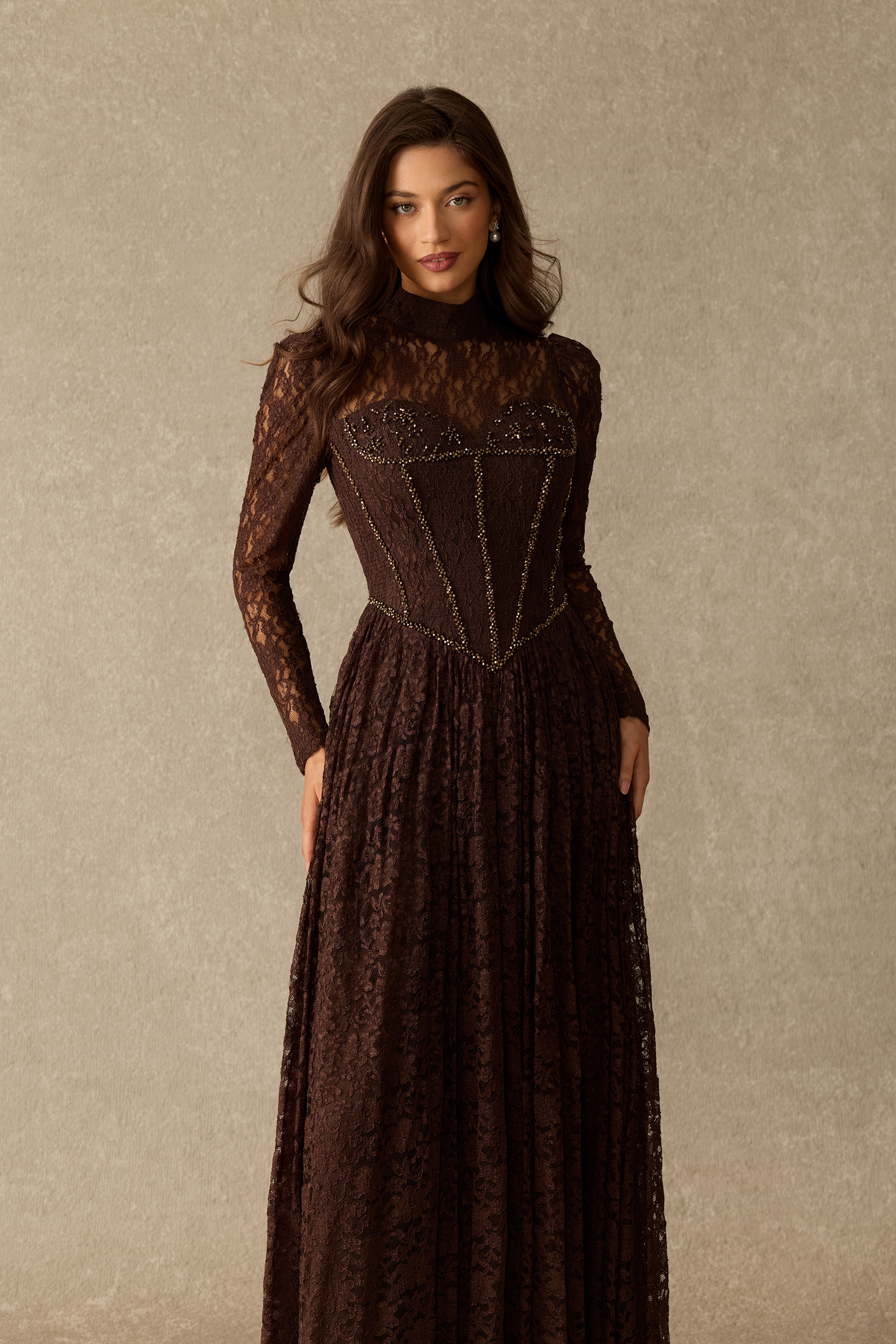 Charming Encounter Rhinestone Embellished Lace Corset Maxi Dress
