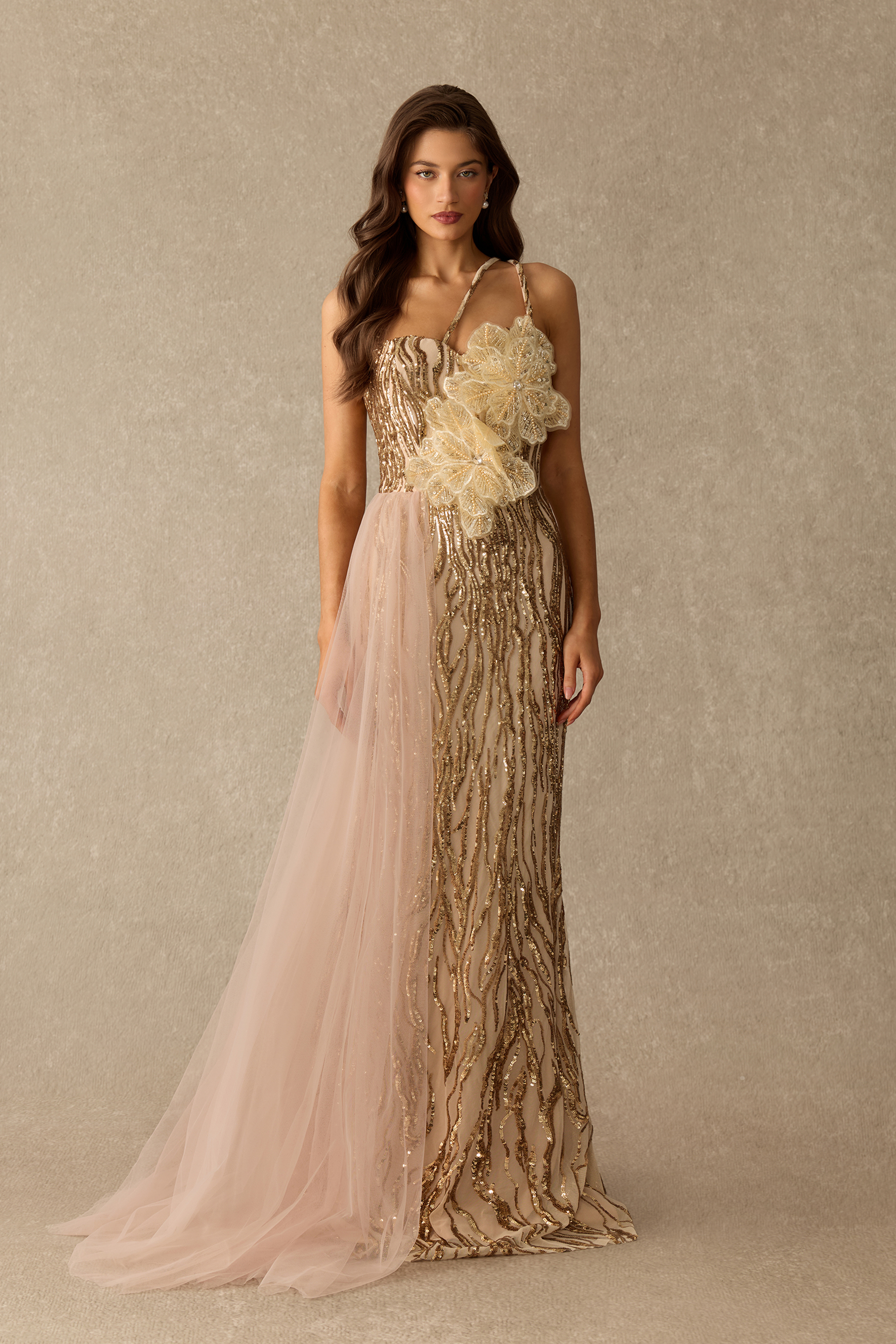 Luxe In Bloom One Shoulder Floral Applique Sequin Maxi Dress