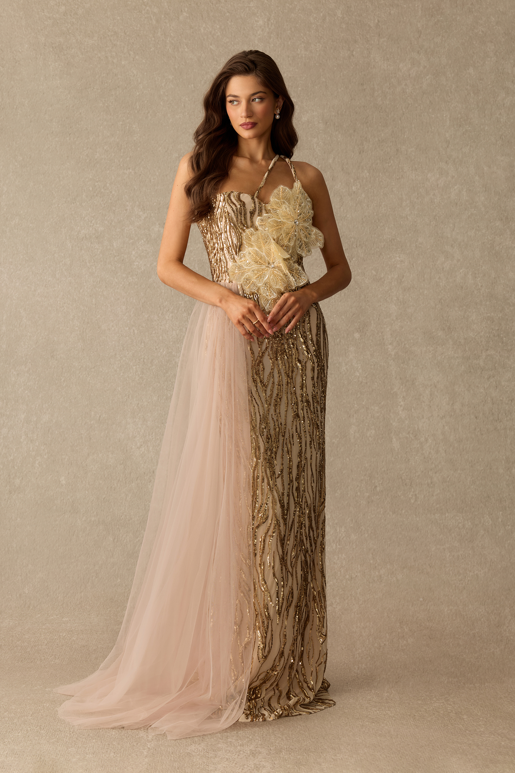 Luxe In Bloom One Shoulder Floral Applique Sequin Maxi Dress