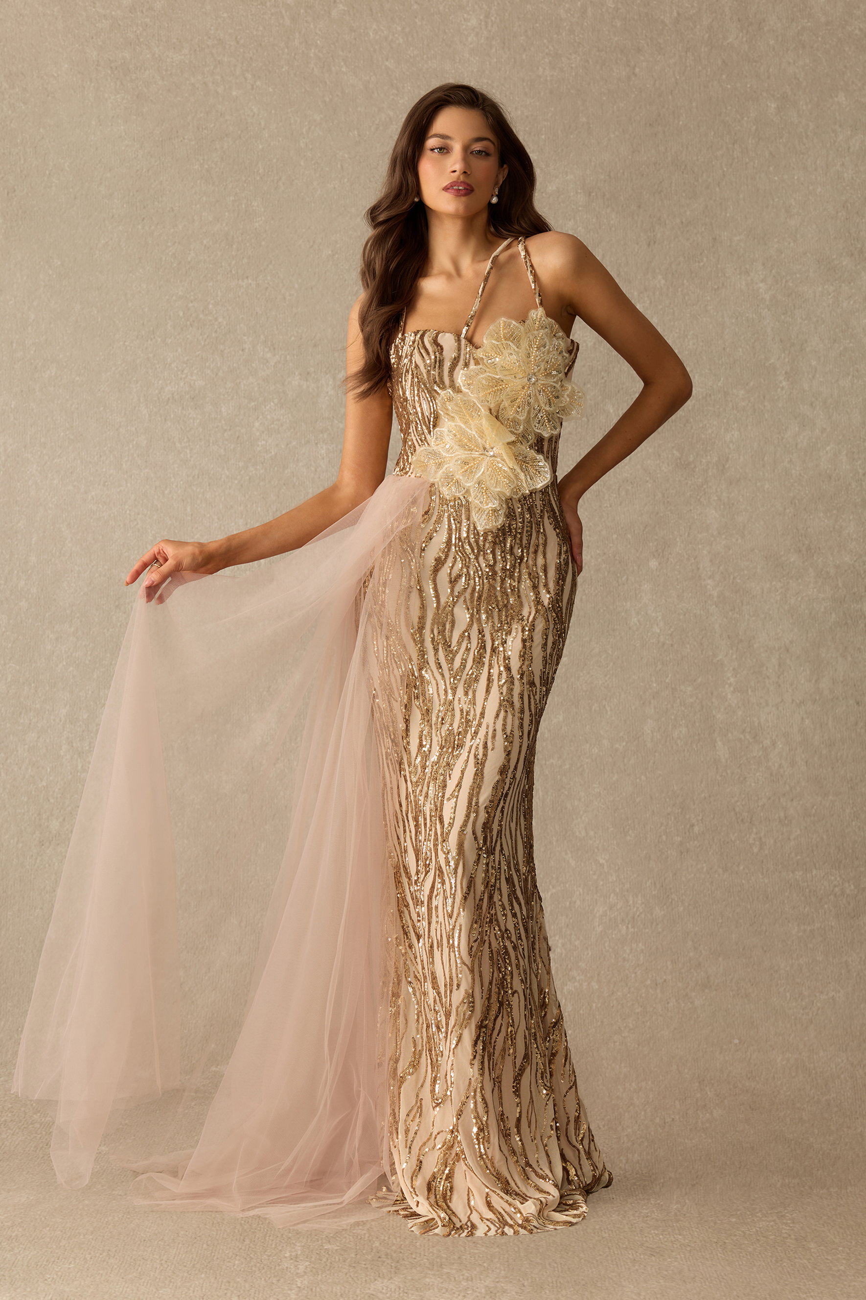 Luxe In Bloom One Shoulder Floral Applique Sequin Maxi Dress