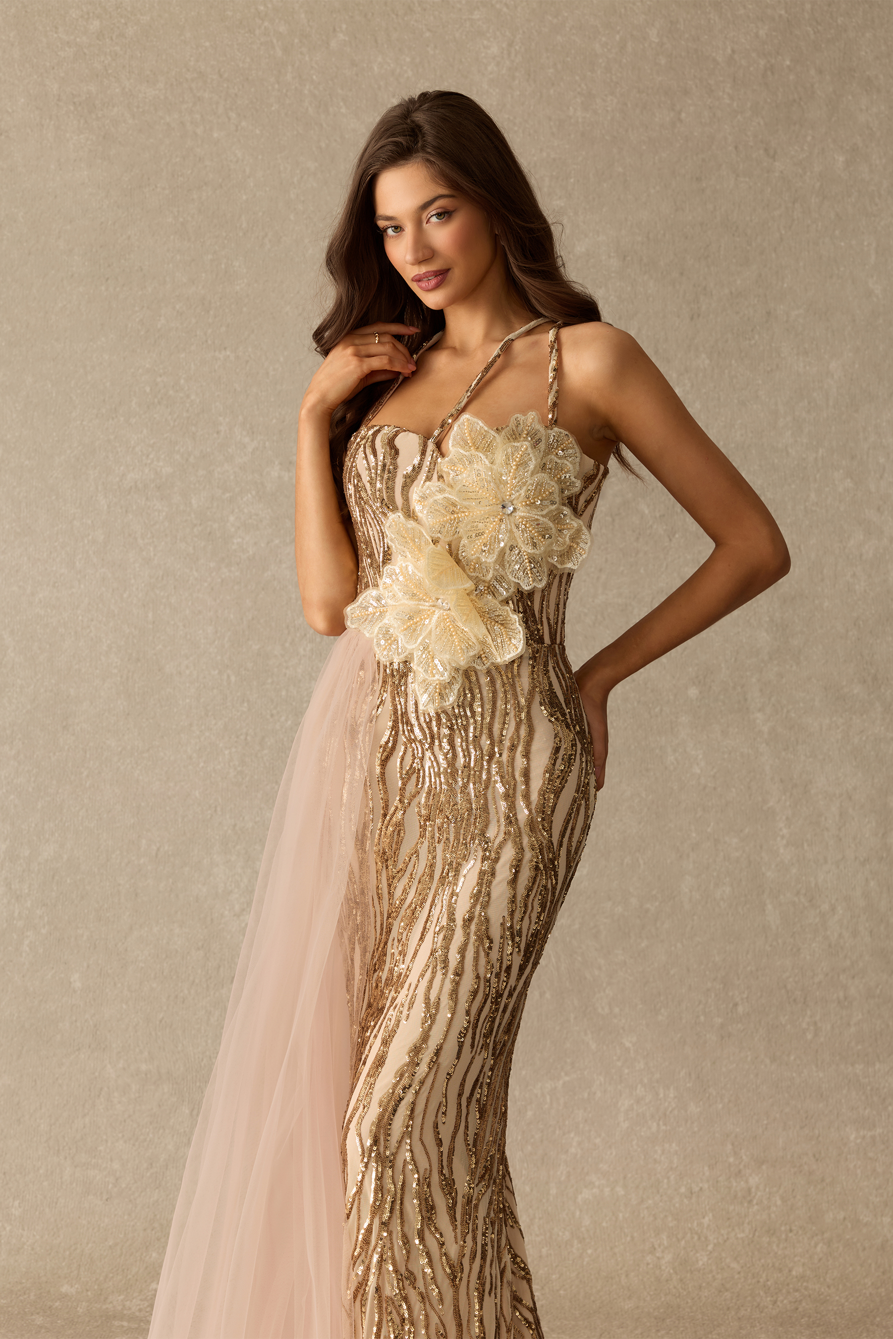 Luxe In Bloom One Shoulder Floral Applique Sequin Maxi Dress