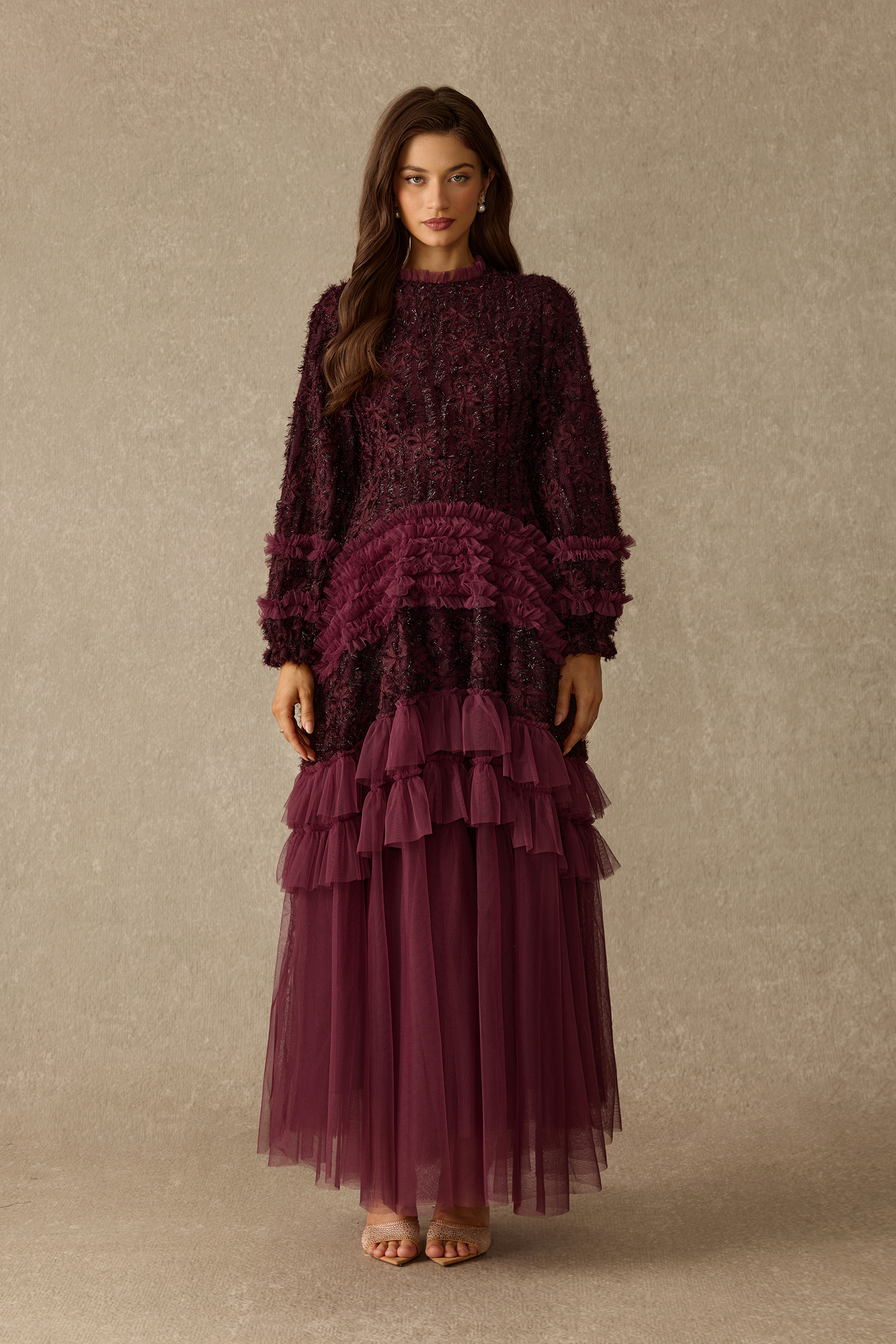 Make It Dramatic Floral Lace Tiered Tulle Maxi Dress