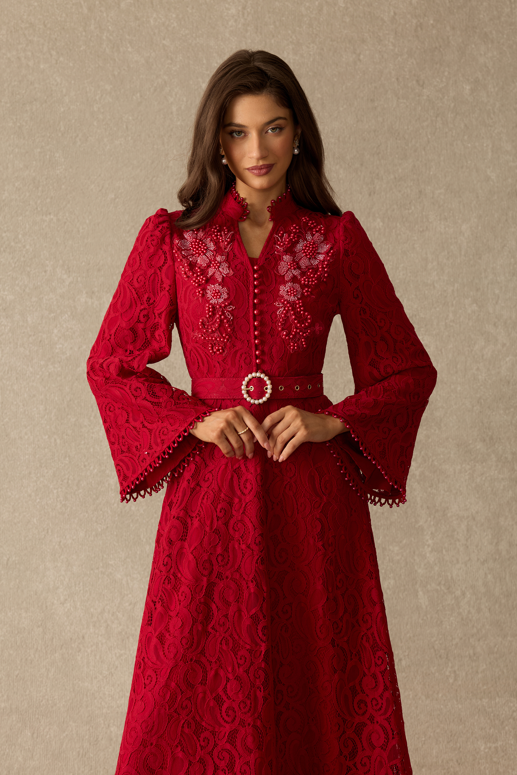 Special Occasion Floral Lace Pearl Embellished Belted Maxi Dress