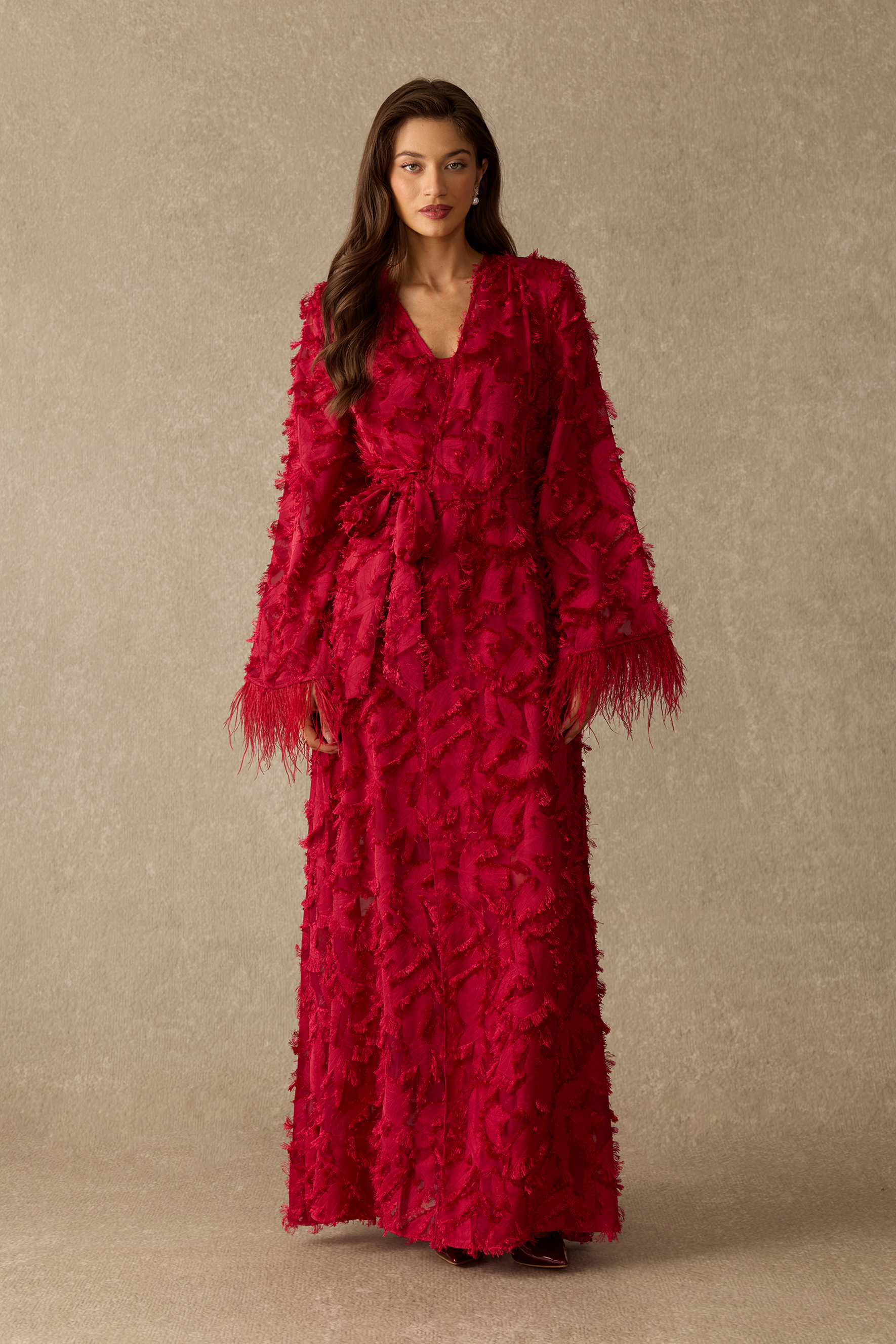 Secret Affair Leaf Applique Featherer Cuff Maxi Dress