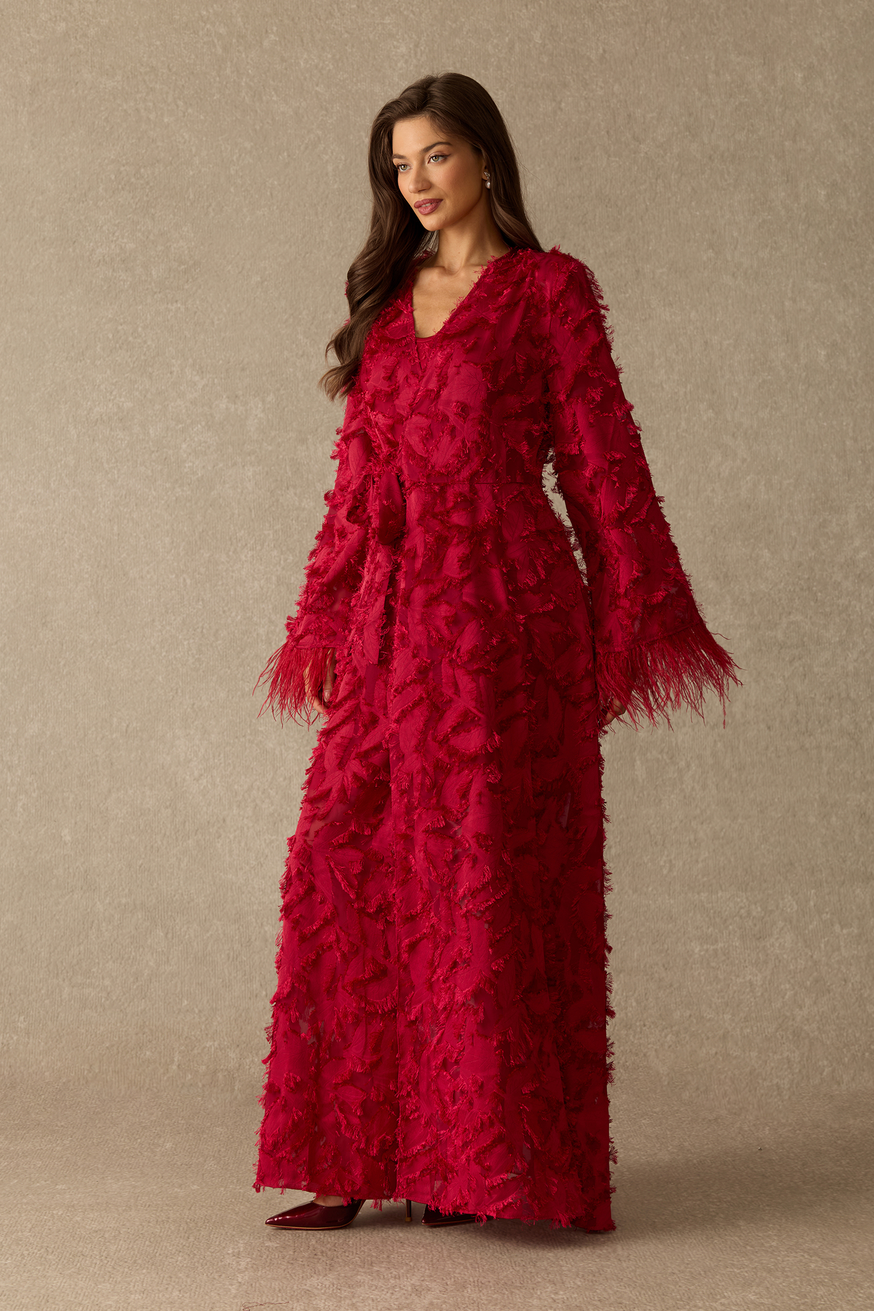 Secret Affair Leaf Applique Featherer Cuff Maxi Dress