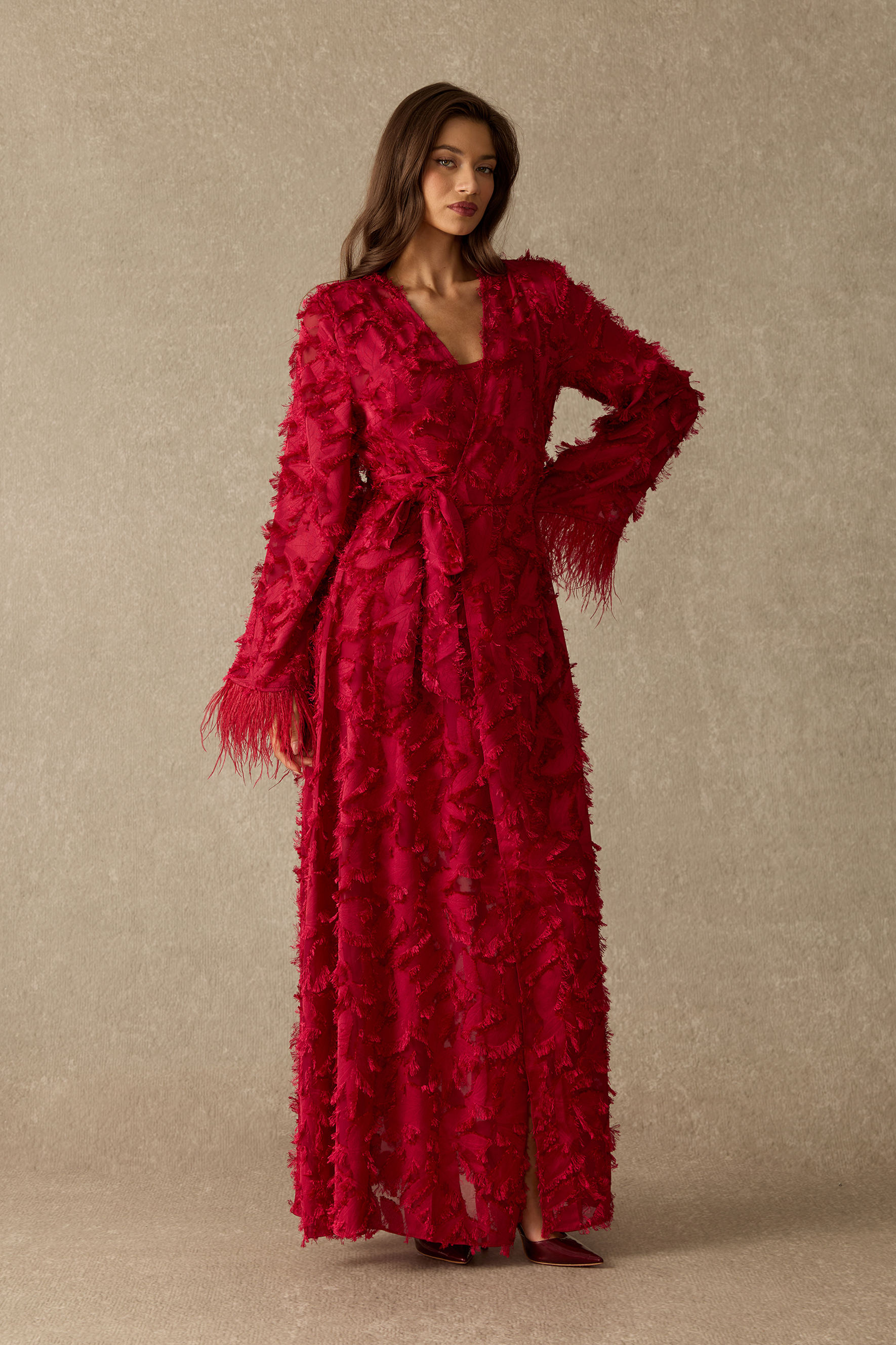 Secret Affair Leaf Applique Featherer Cuff Maxi Dress