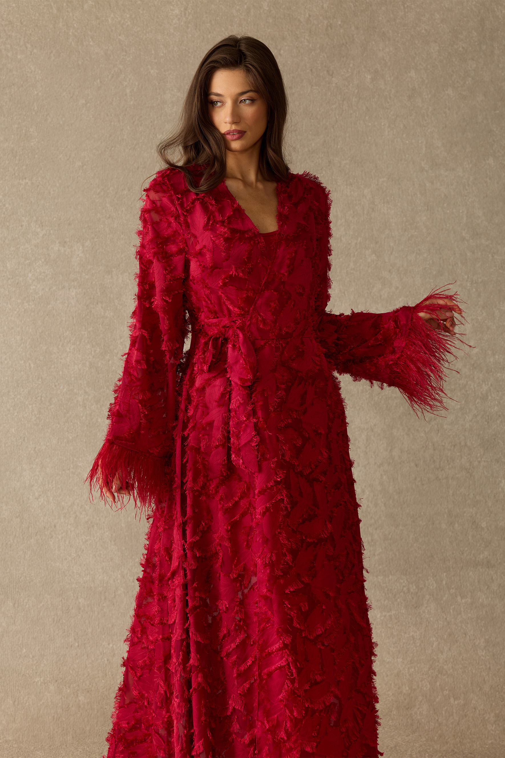 Secret Affair Leaf Applique Featherer Cuff Maxi Dress