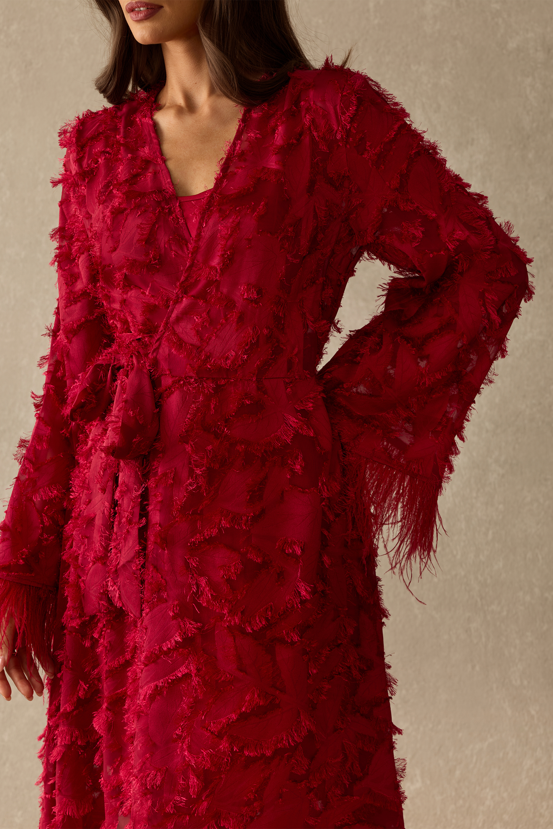 Secret Affair Leaf Applique Featherer Cuff Maxi Dress
