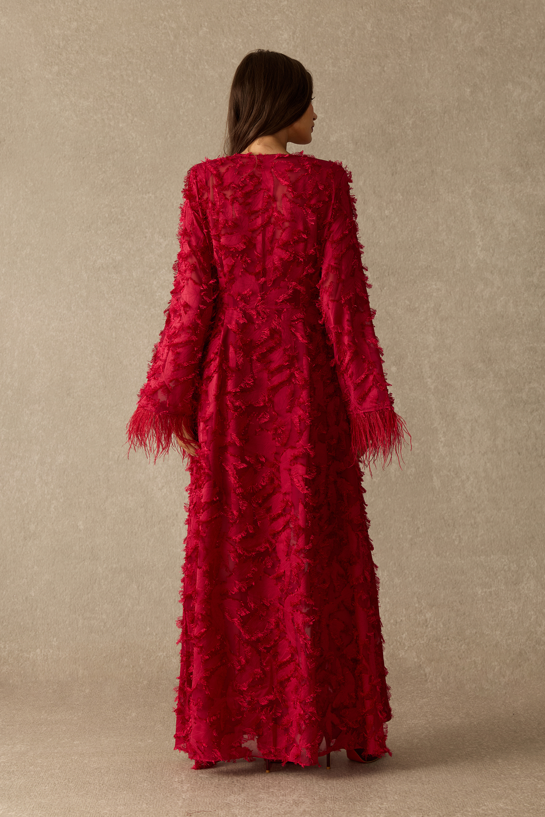 Secret Affair Leaf Applique Featherer Cuff Maxi Dress