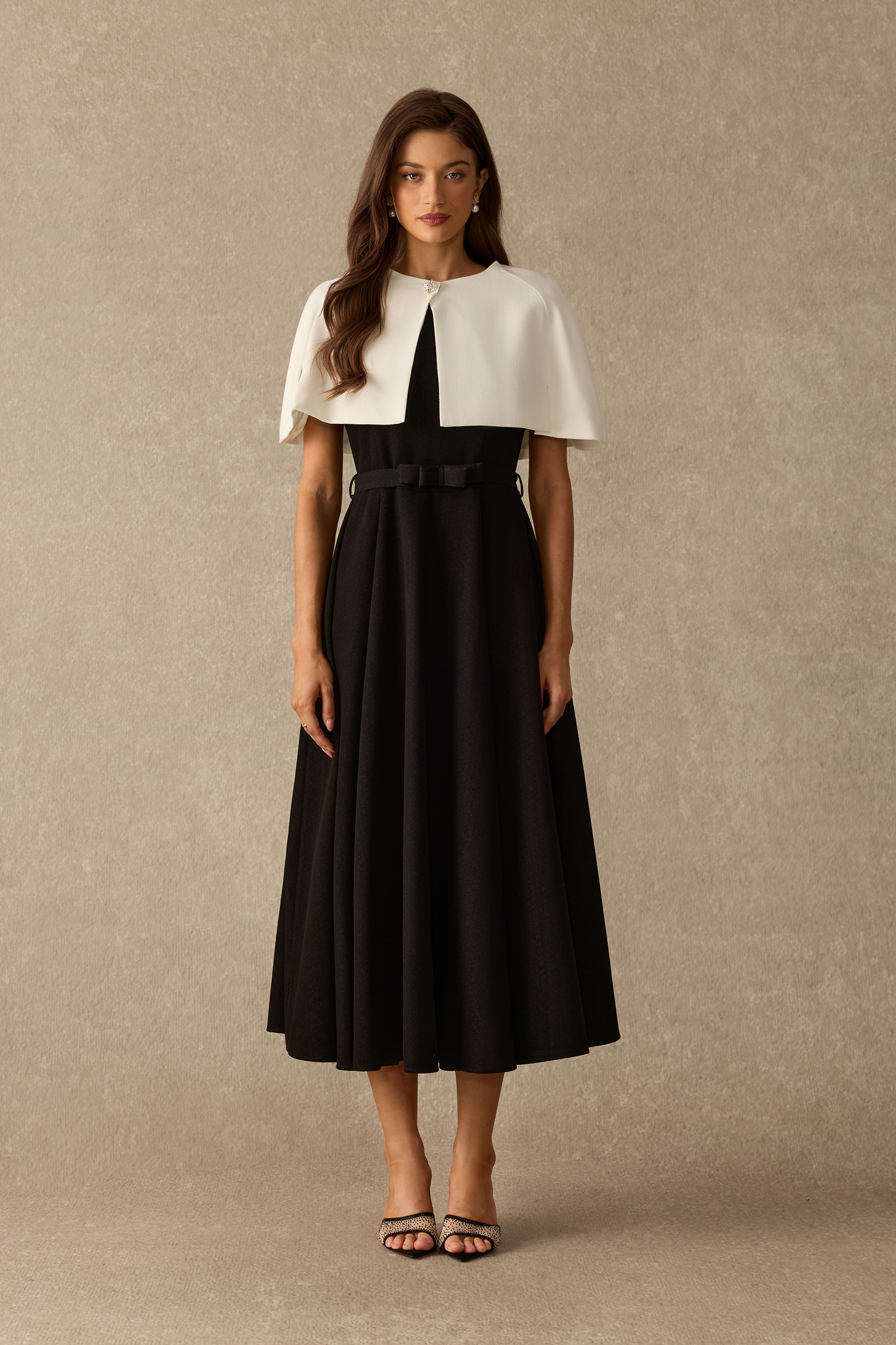 Picture Perfect Cape Collar Belted Midi Dress