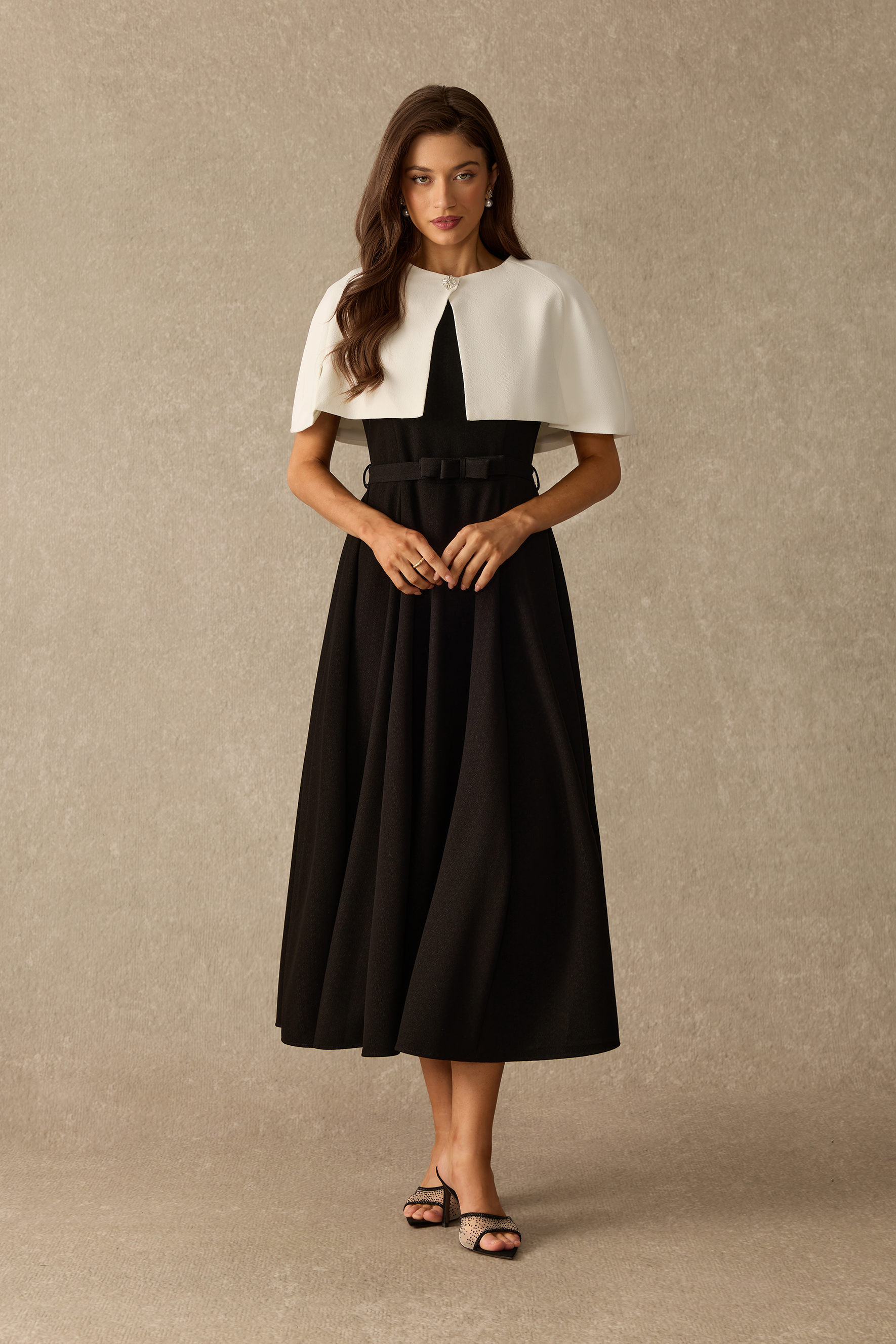 Picture Perfect Cape Collar Belted Midi Dress