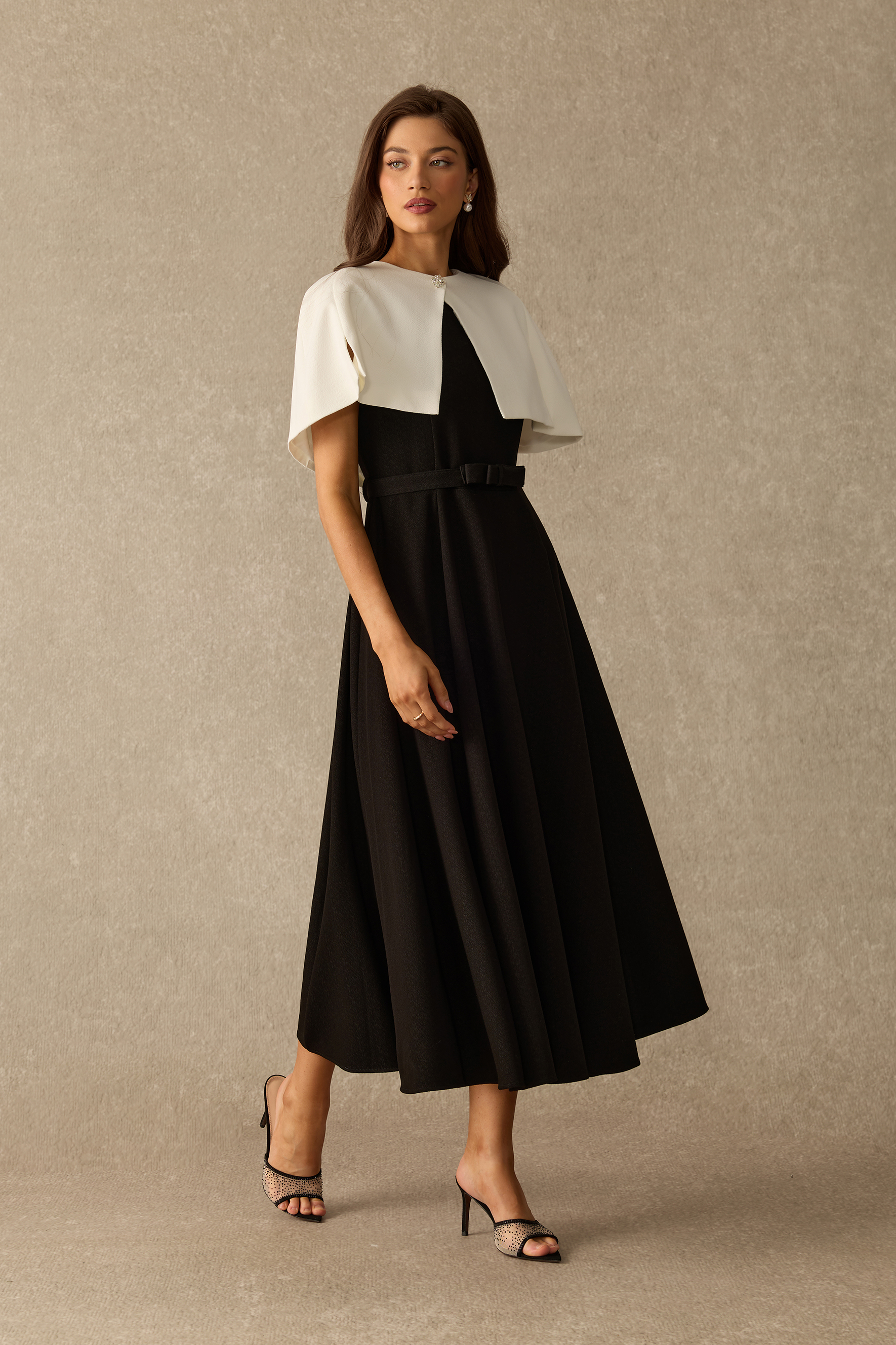 Picture Perfect Cape Collar Belted Midi Dress
