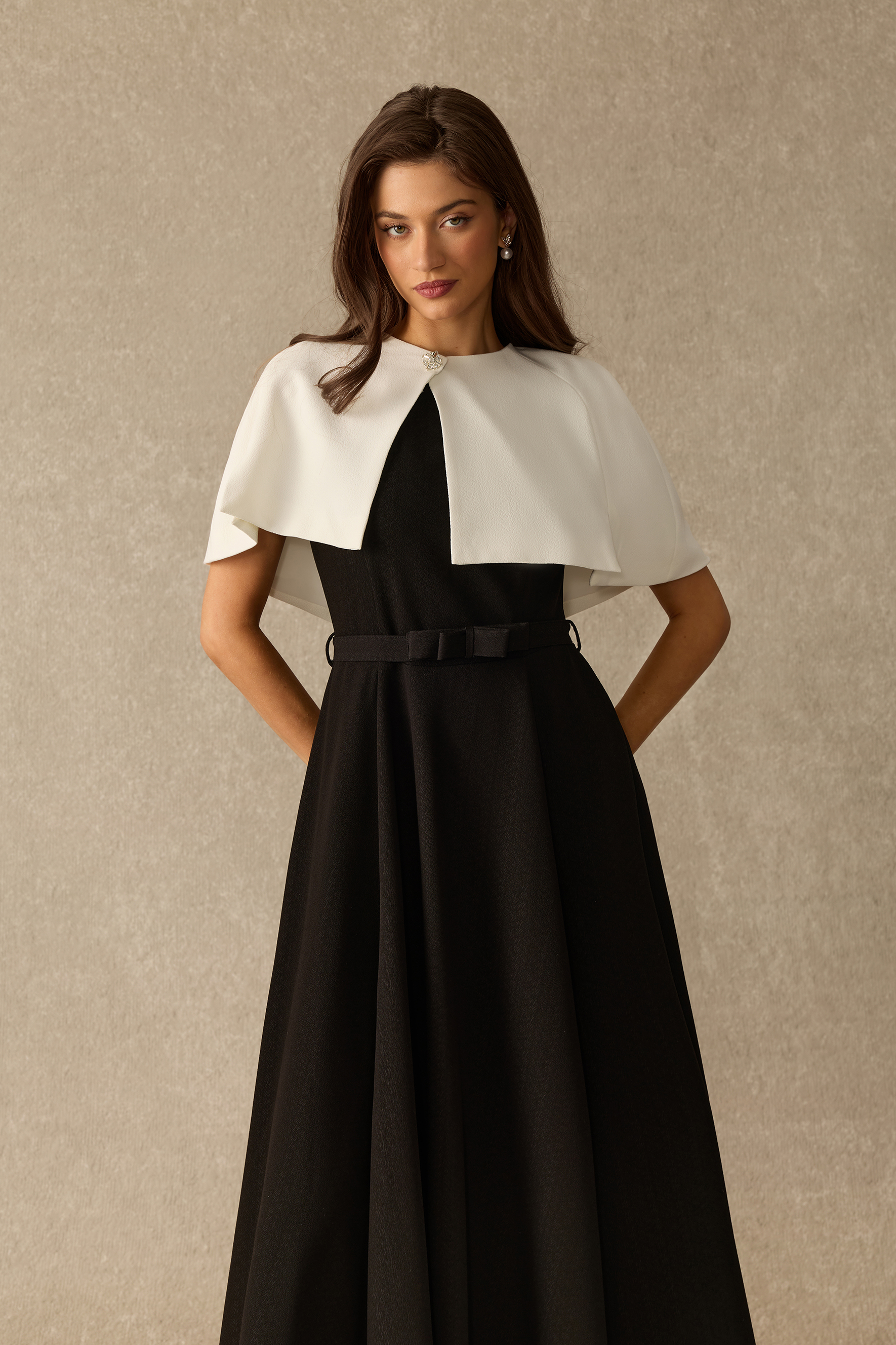 Picture Perfect Cape Collar Belted Midi Dress