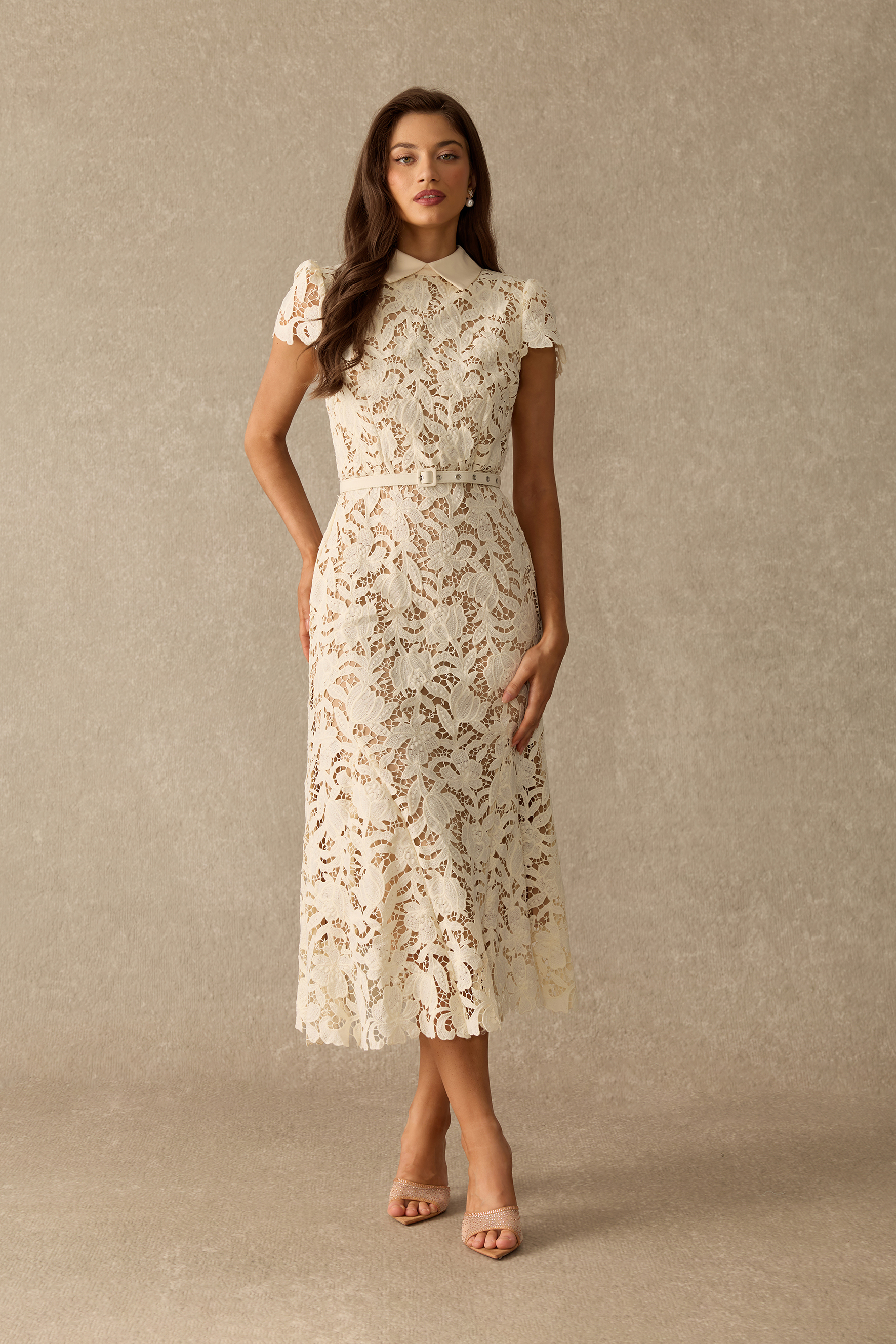Classic Grace Floral Lace Short Sleeve Mermaid Midi Dress