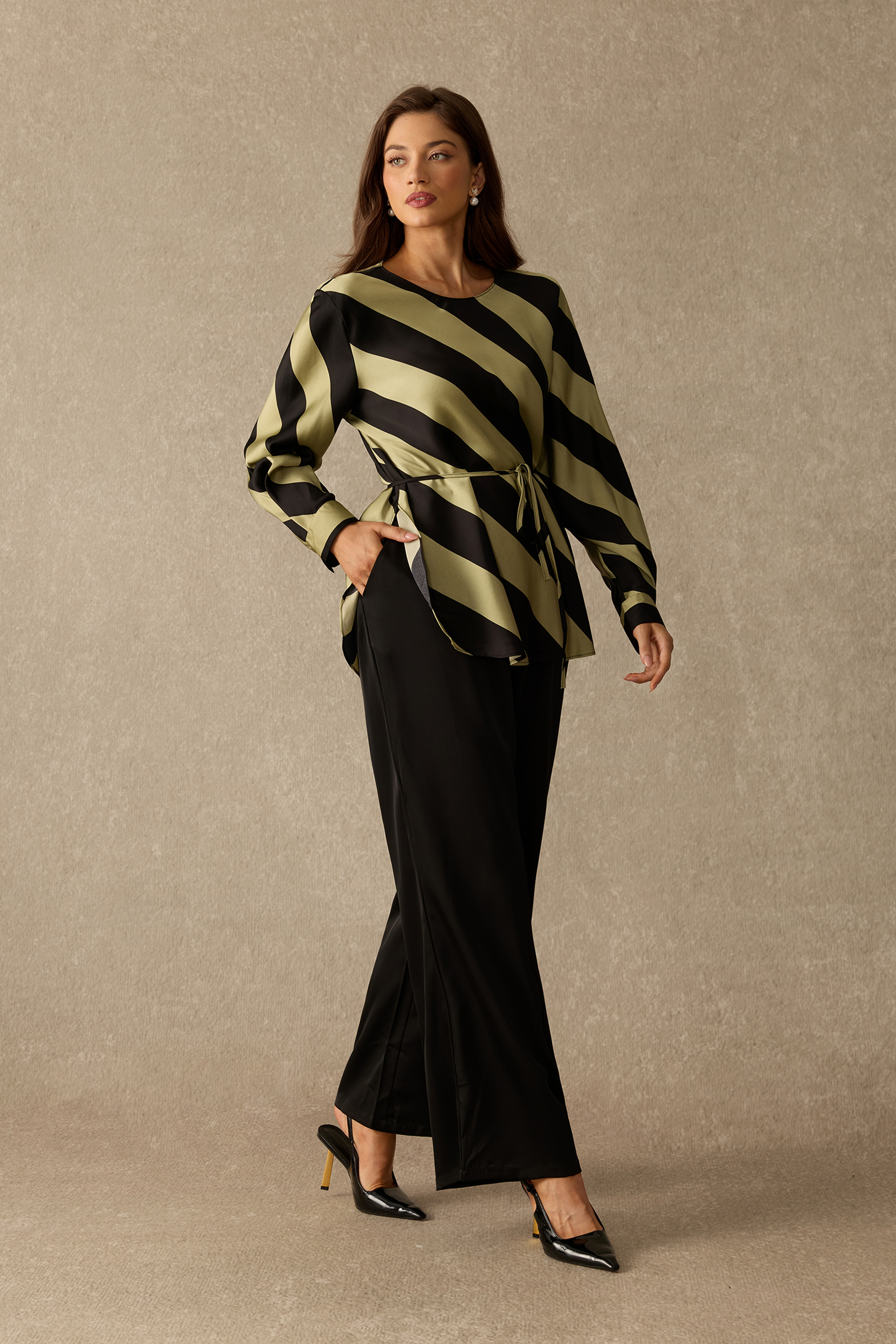 Vintage Vogue Diagonal Stripe Top & Wide Leg Pant Set