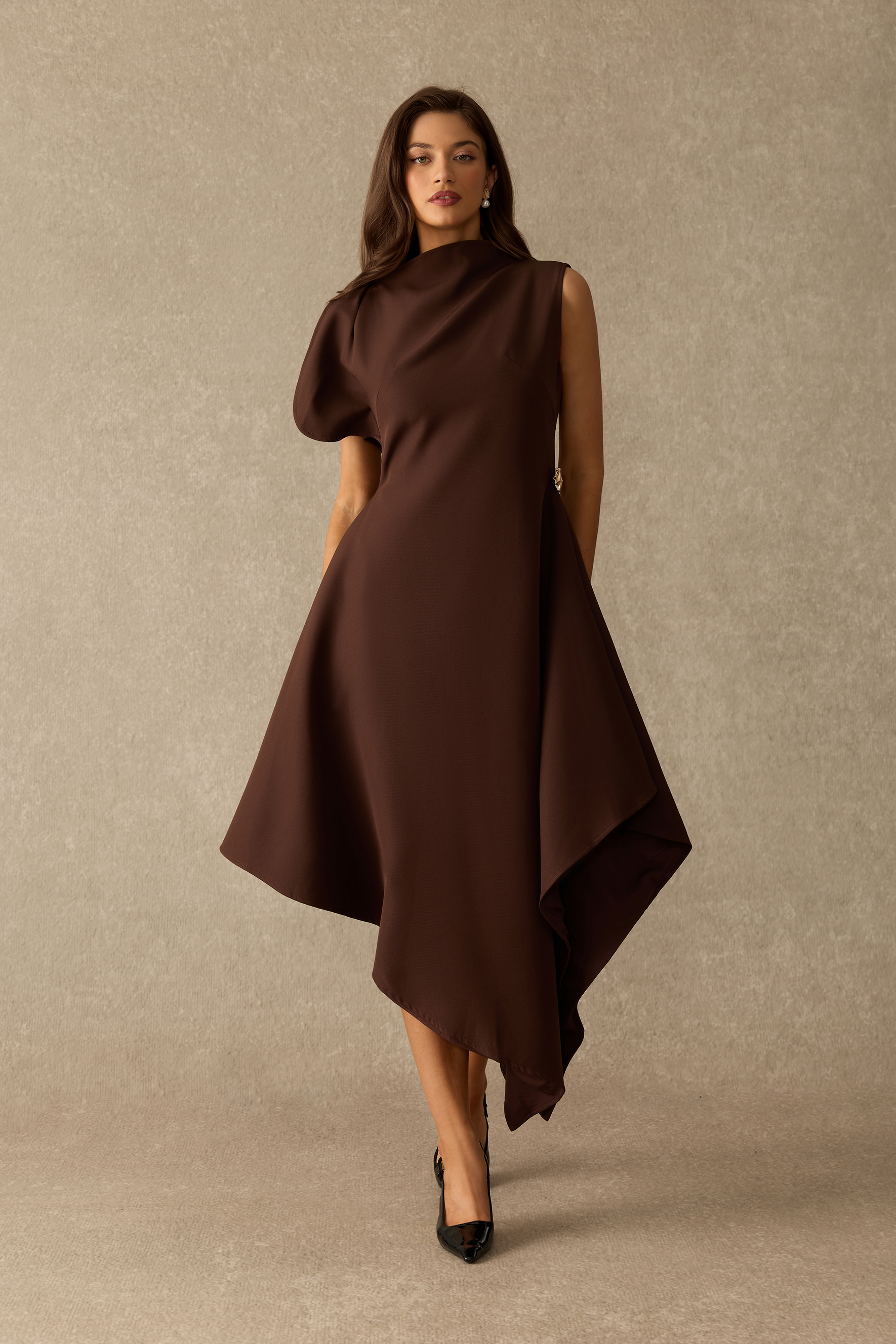 Bound To Slay One Sleeve Asymmetric Midi Dress