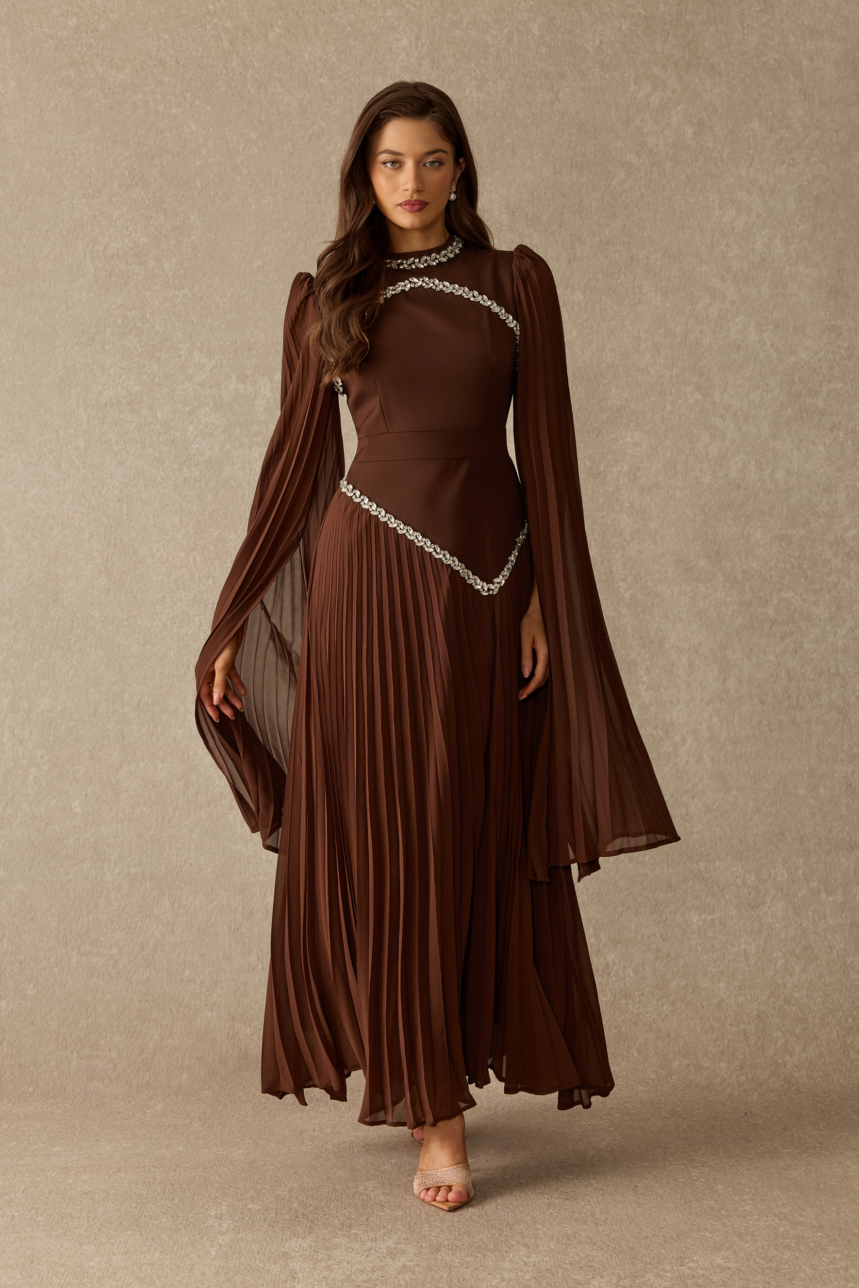 Elegant Evenings Rhinestone Trim Pleated Maxi Dress