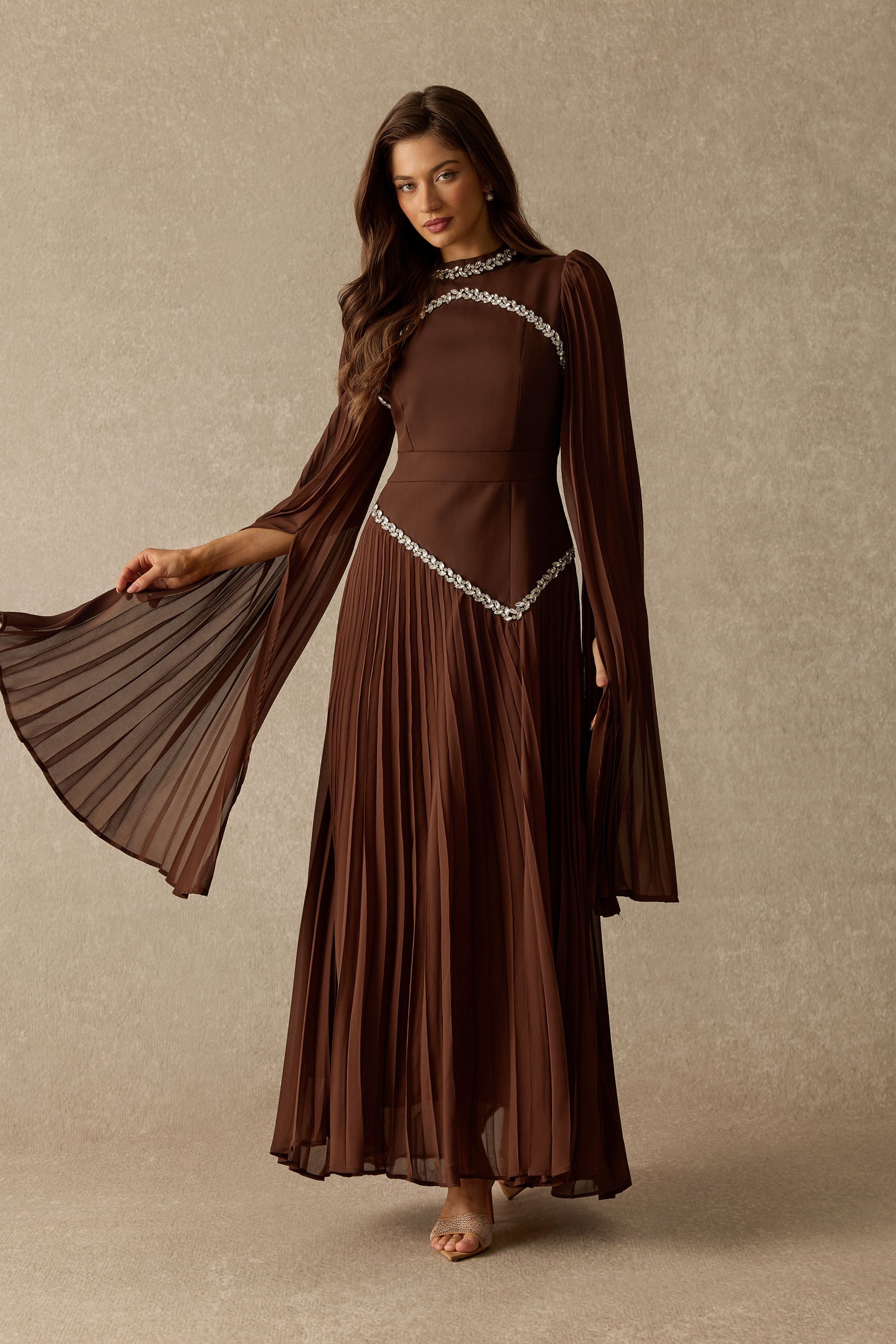 Elegant Evenings Rhinestone Trim Pleated Maxi Dress