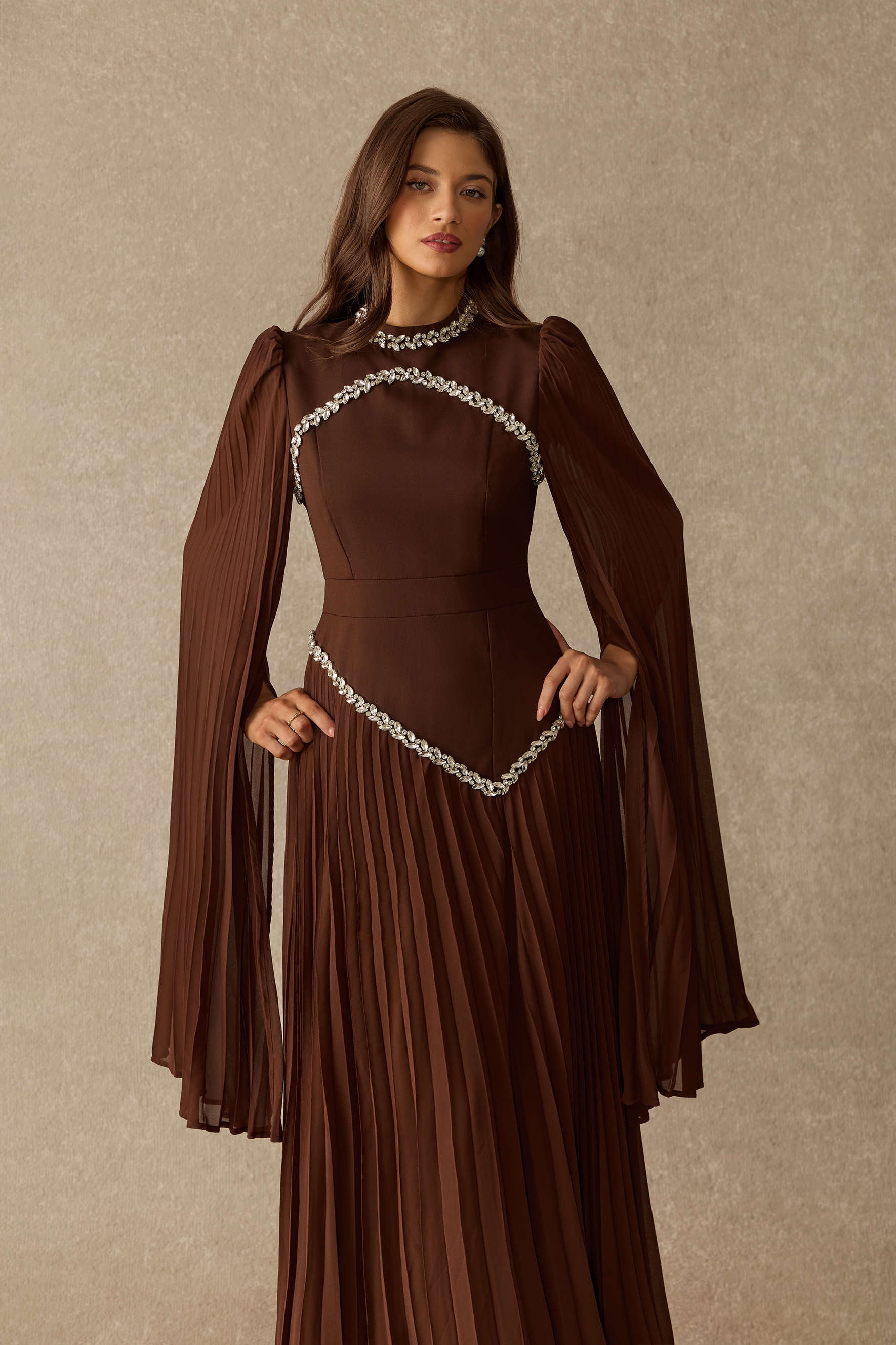 Elegant Evenings Rhinestone Trim Pleated Maxi Dress