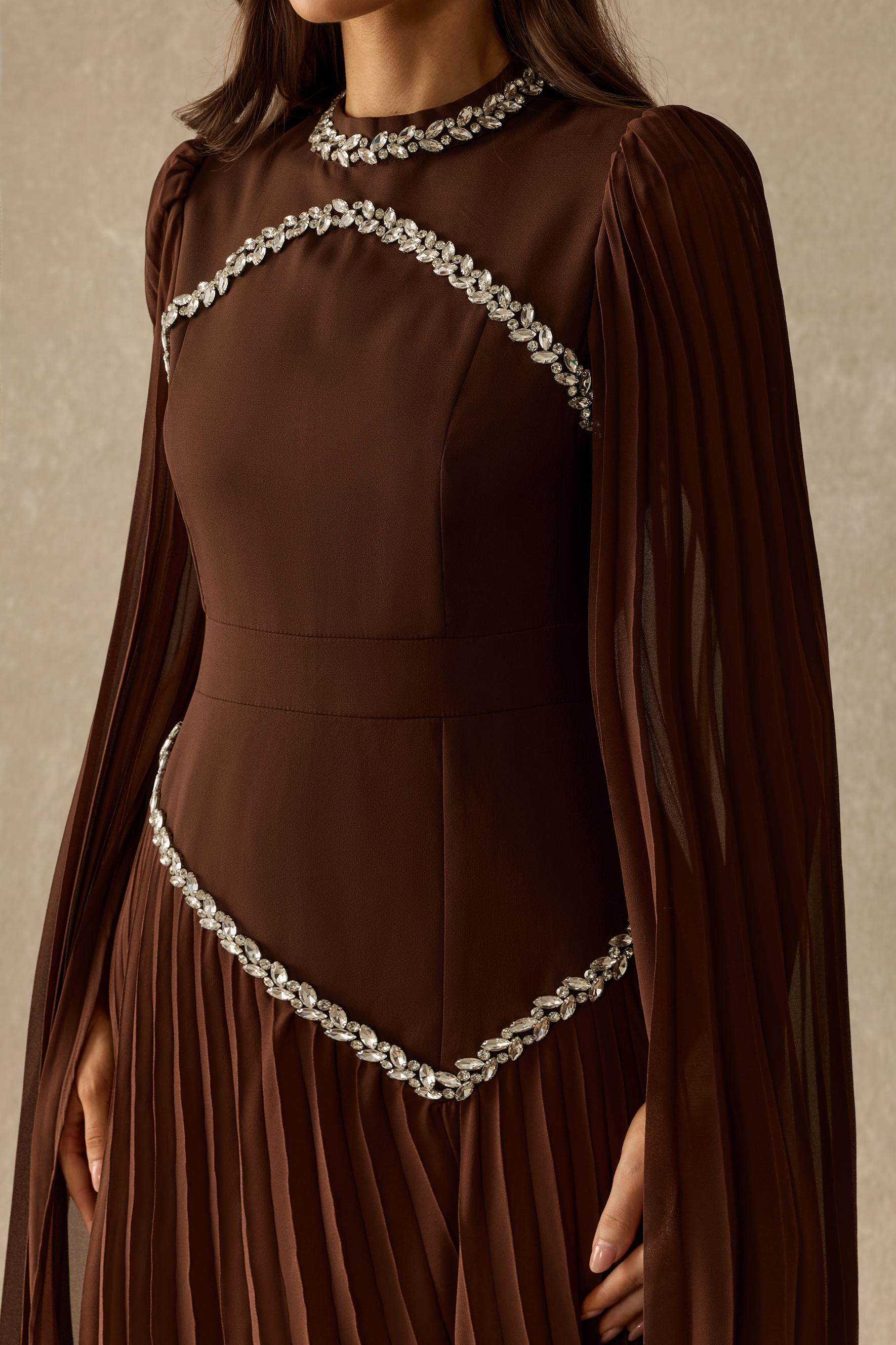 Elegant Evenings Rhinestone Trim Pleated Maxi Dress