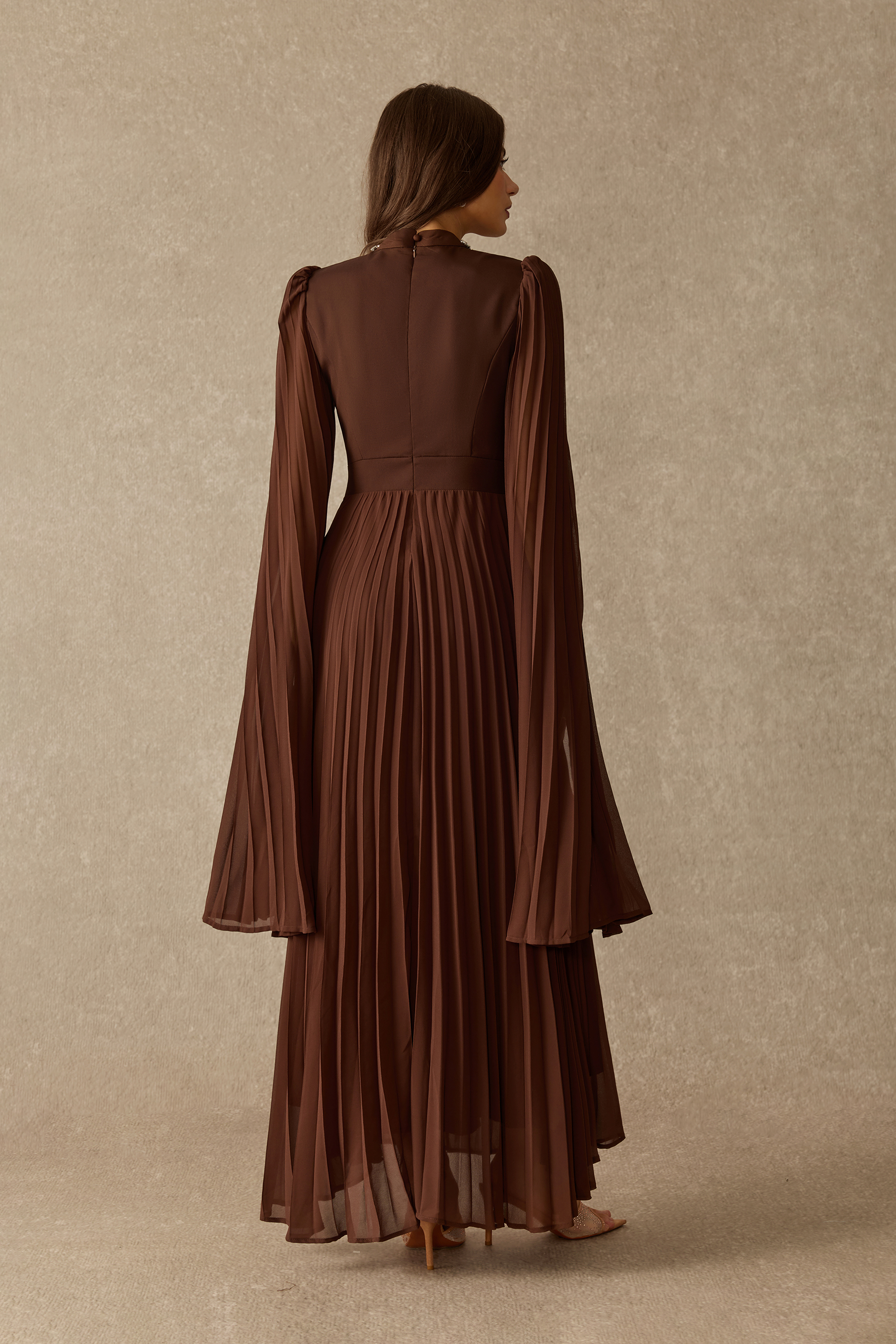 Elegant Evenings Rhinestone Trim Pleated Maxi Dress