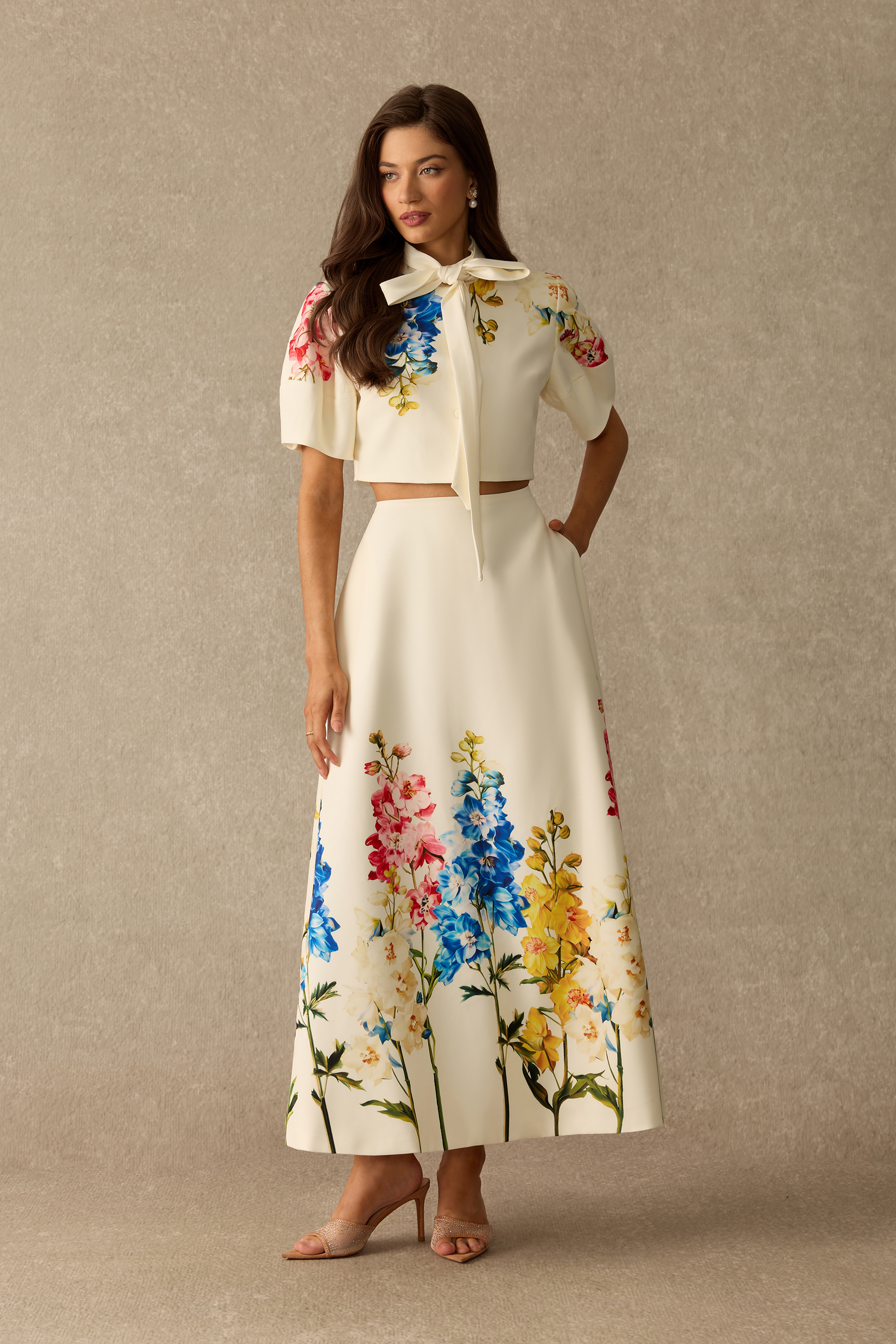 Garden Affair Floral Print Tie Neck Crop Top & Skirt Set