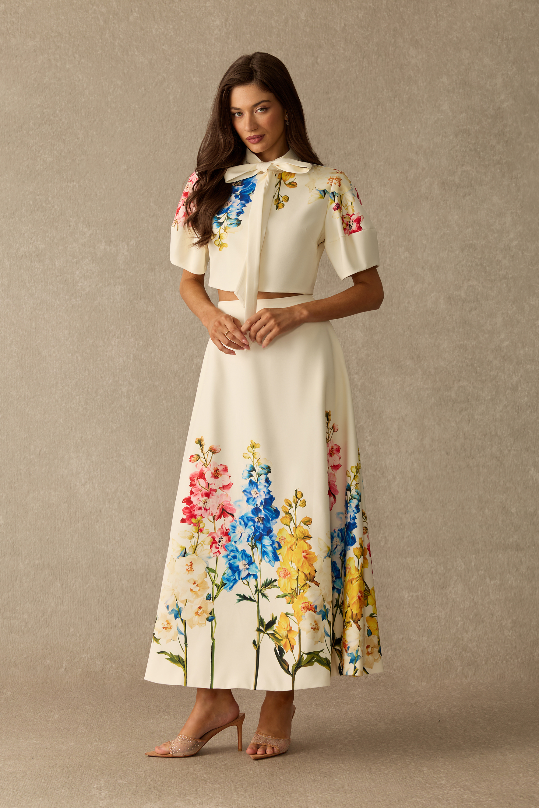 Garden Affair Floral Print Tie Neck Crop Top & Skirt Set