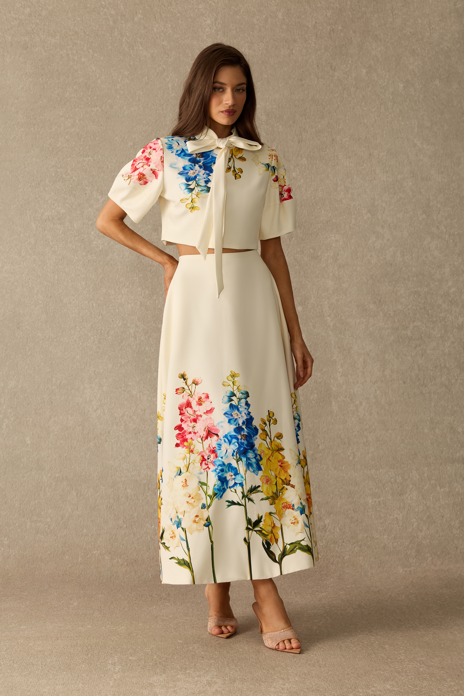 Garden Affair Floral Print Tie Neck Crop Top & Skirt Set