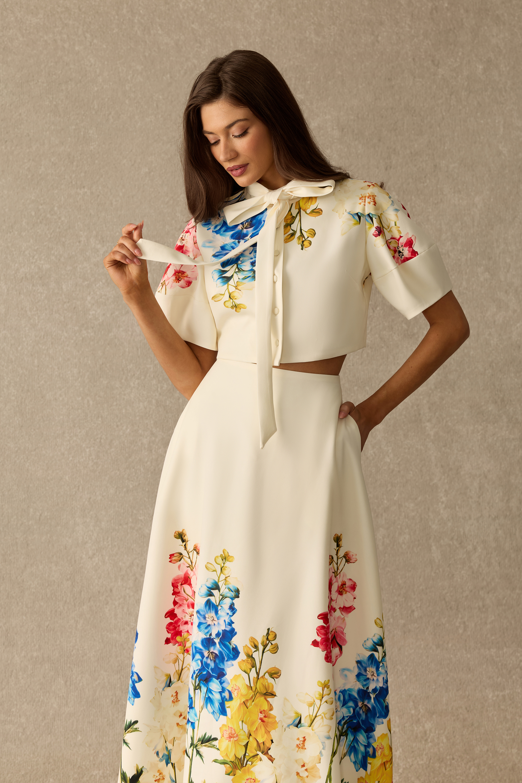 Garden Affair Floral Print Tie Neck Crop Top & Skirt Set