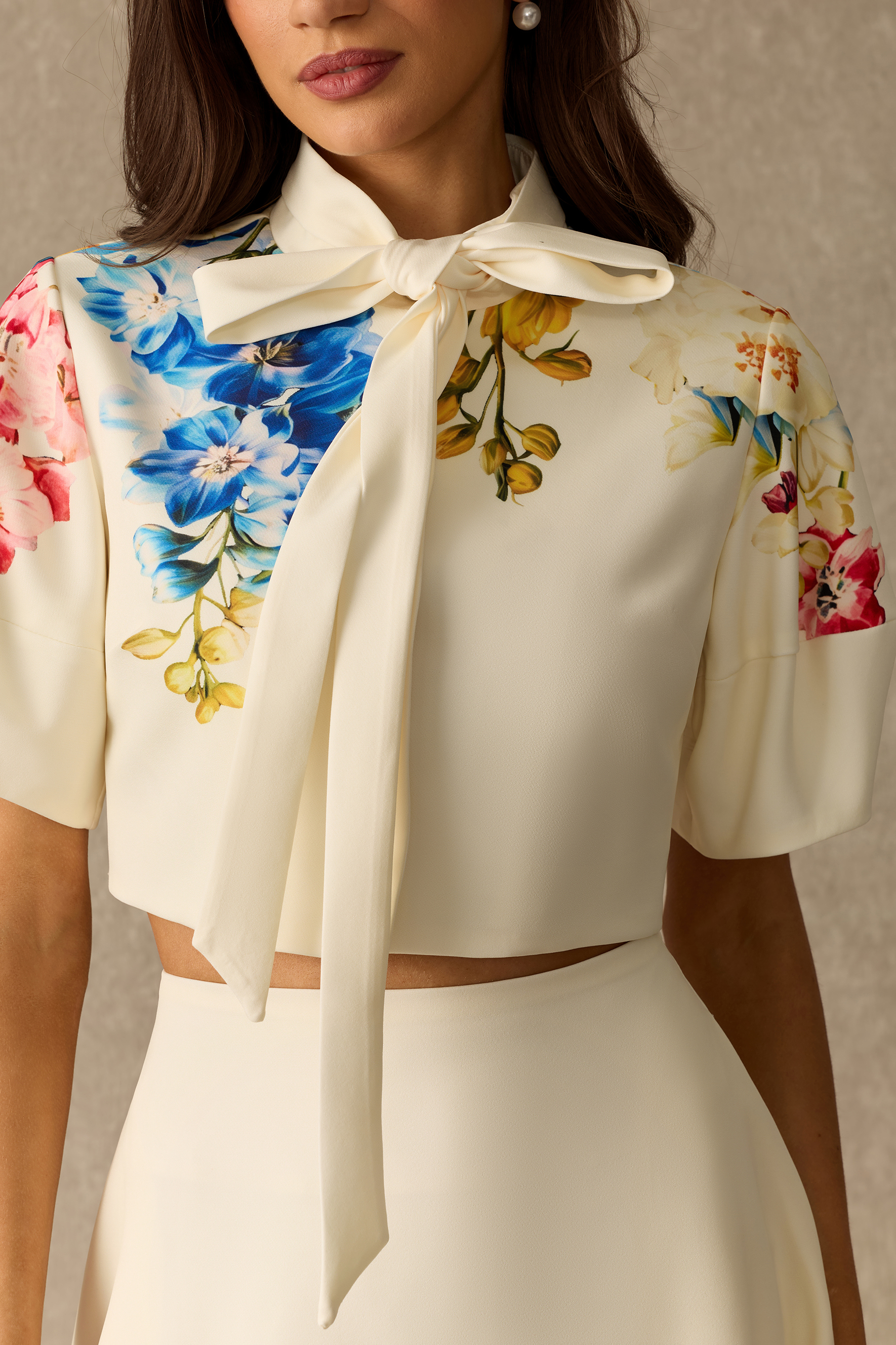 Garden Affair Floral Print Tie Neck Crop Top & Skirt Set