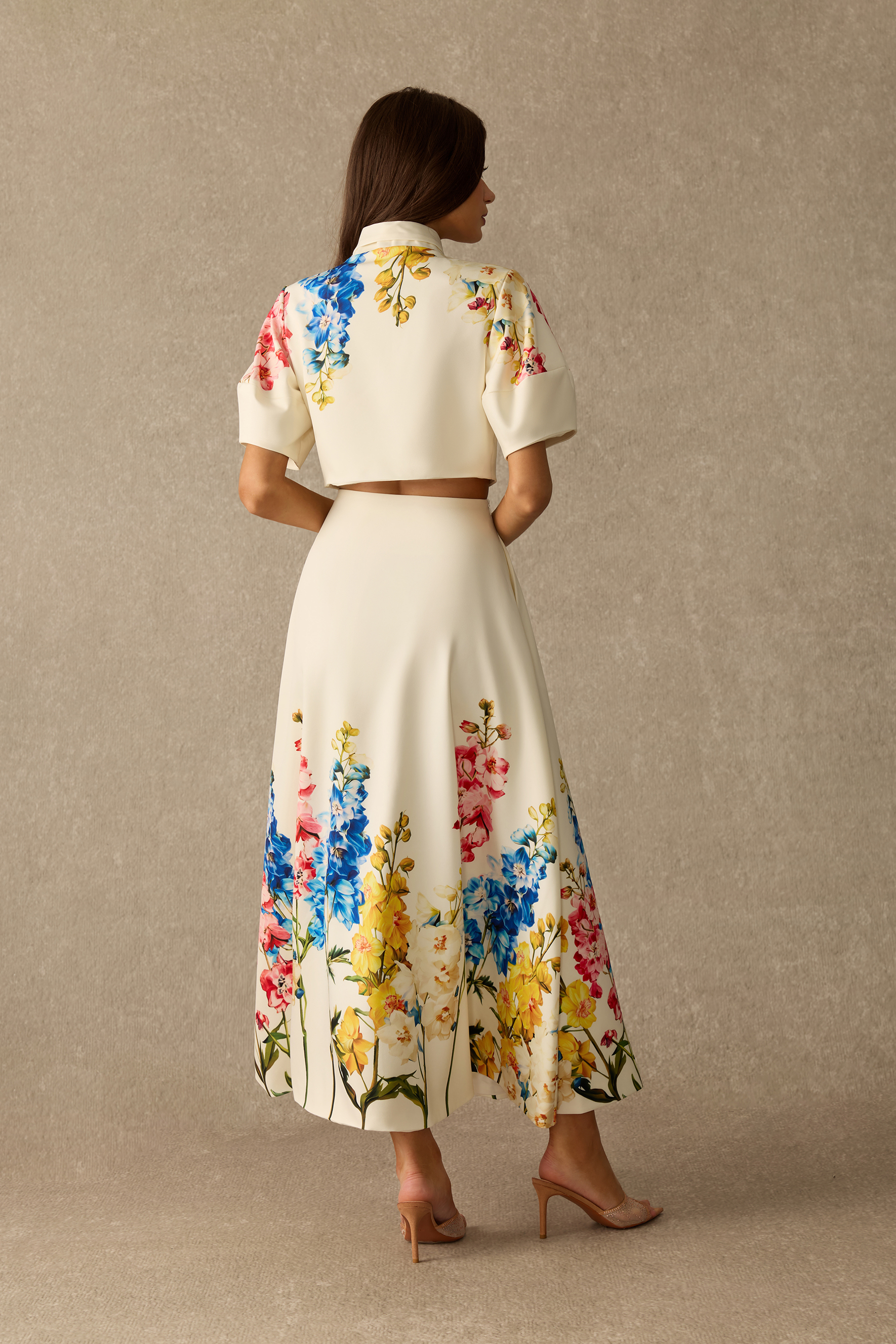Garden Affair Floral Print Tie Neck Crop Top & Skirt Set