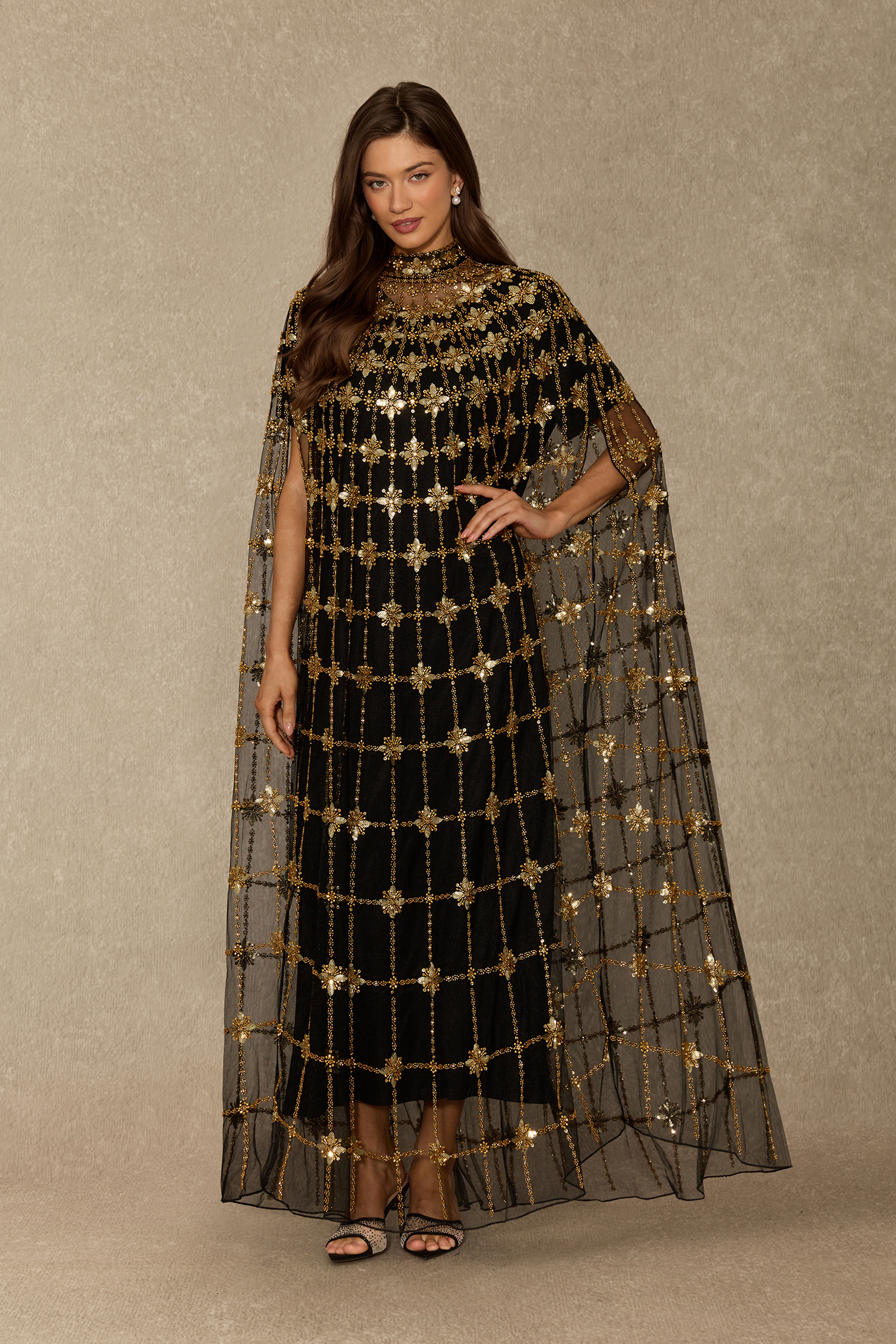 The Main Event Crystal Embellished Cape Sleeve Maxi Dress