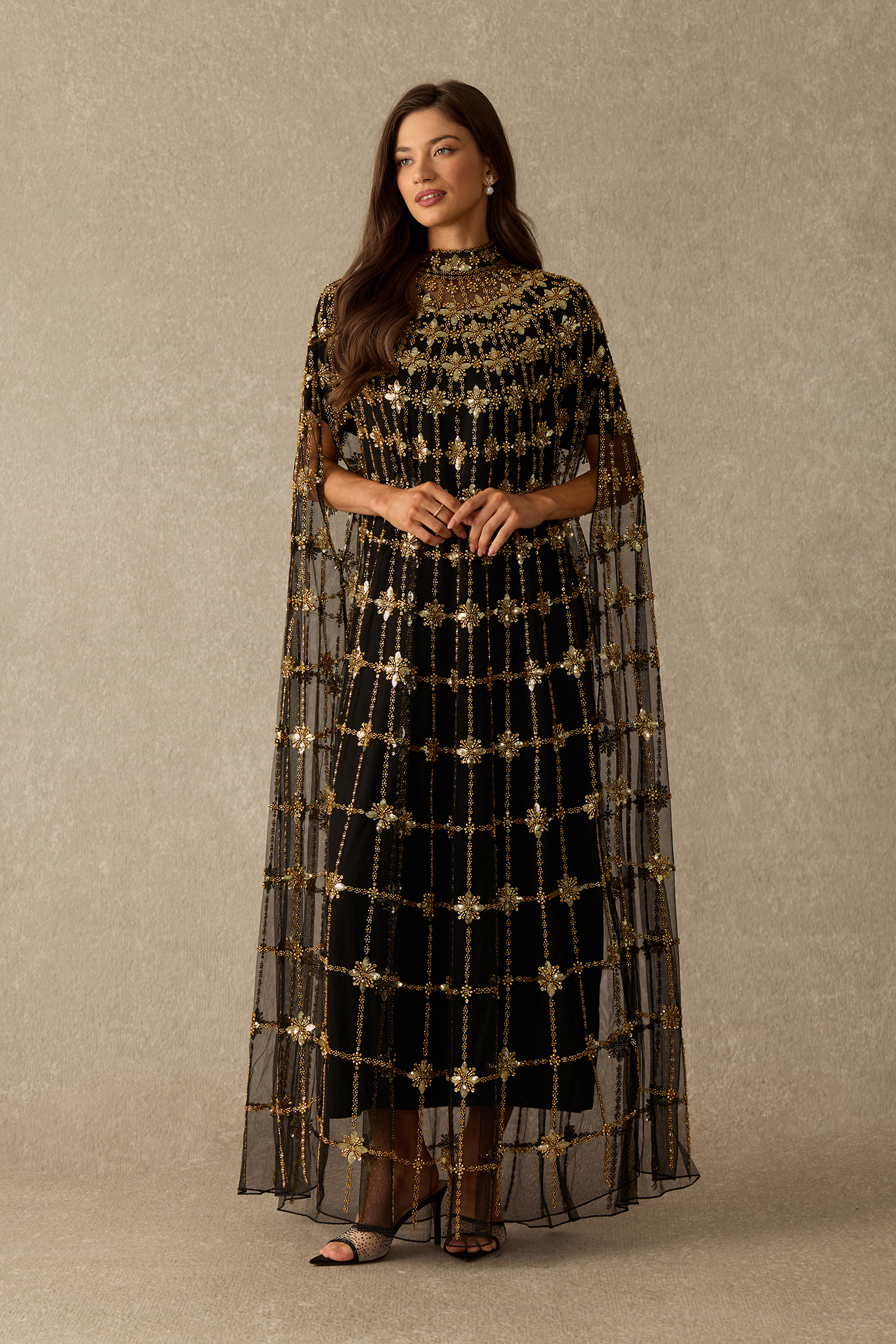 The Main Event Crystal Embellished Cape Sleeve Maxi Dress