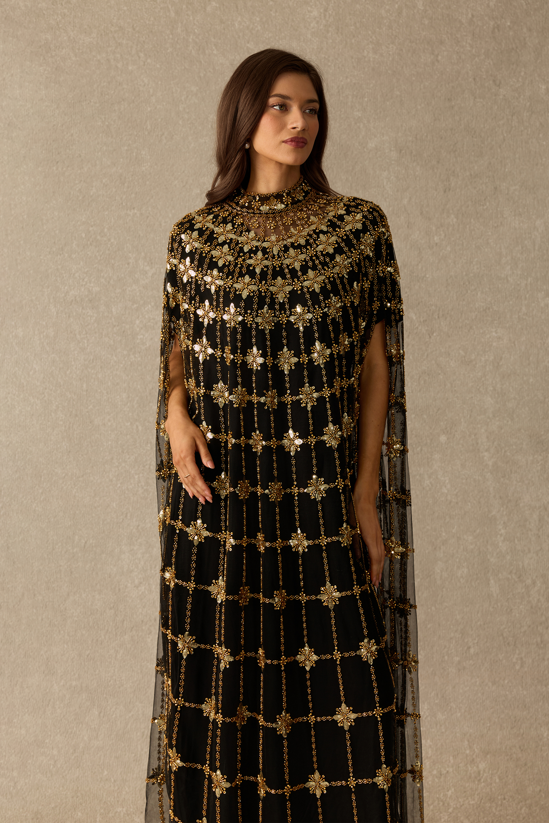 The Main Event Crystal Embellished Cape Sleeve Maxi Dress