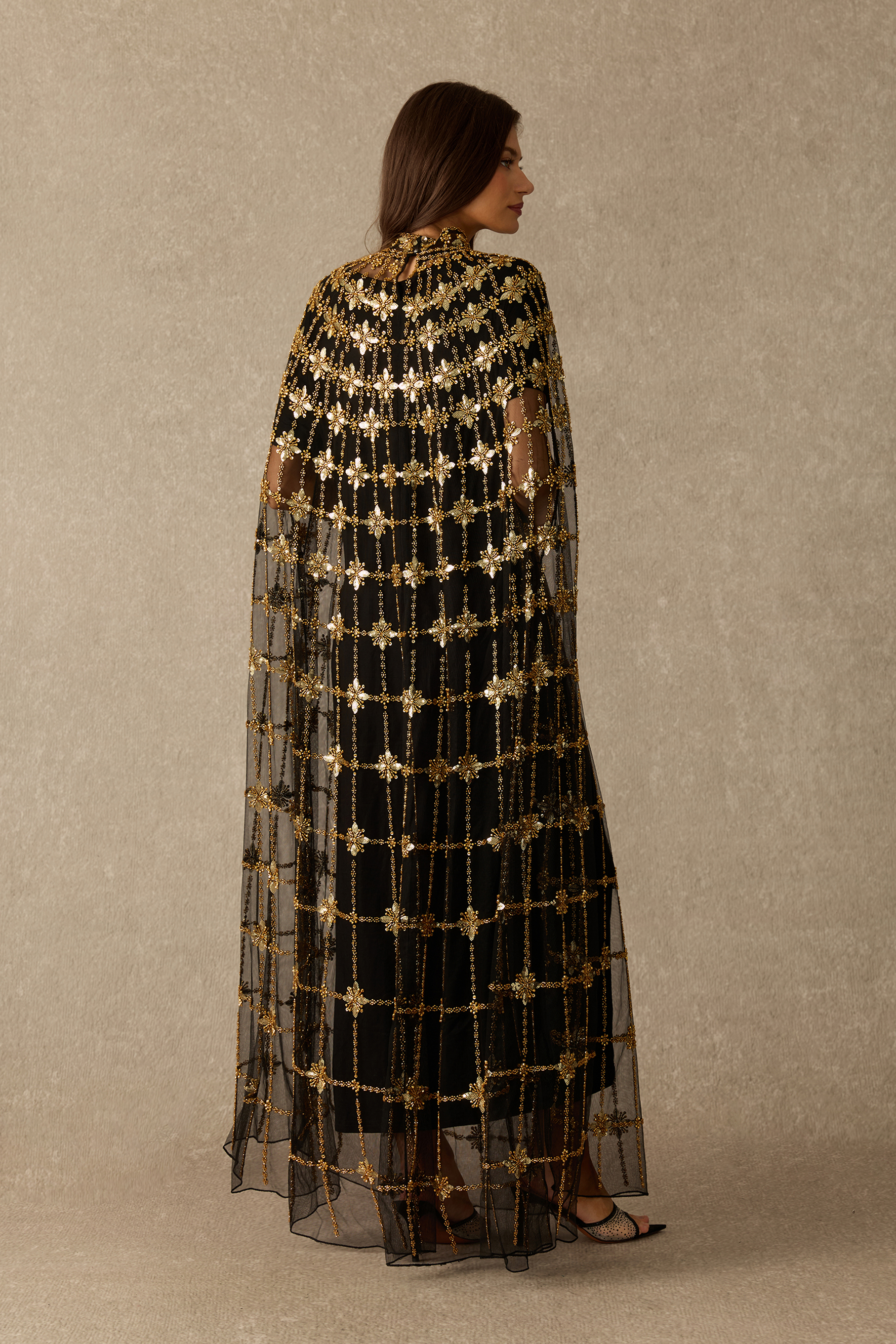 The Main Event Crystal Embellished Cape Sleeve Maxi Dress
