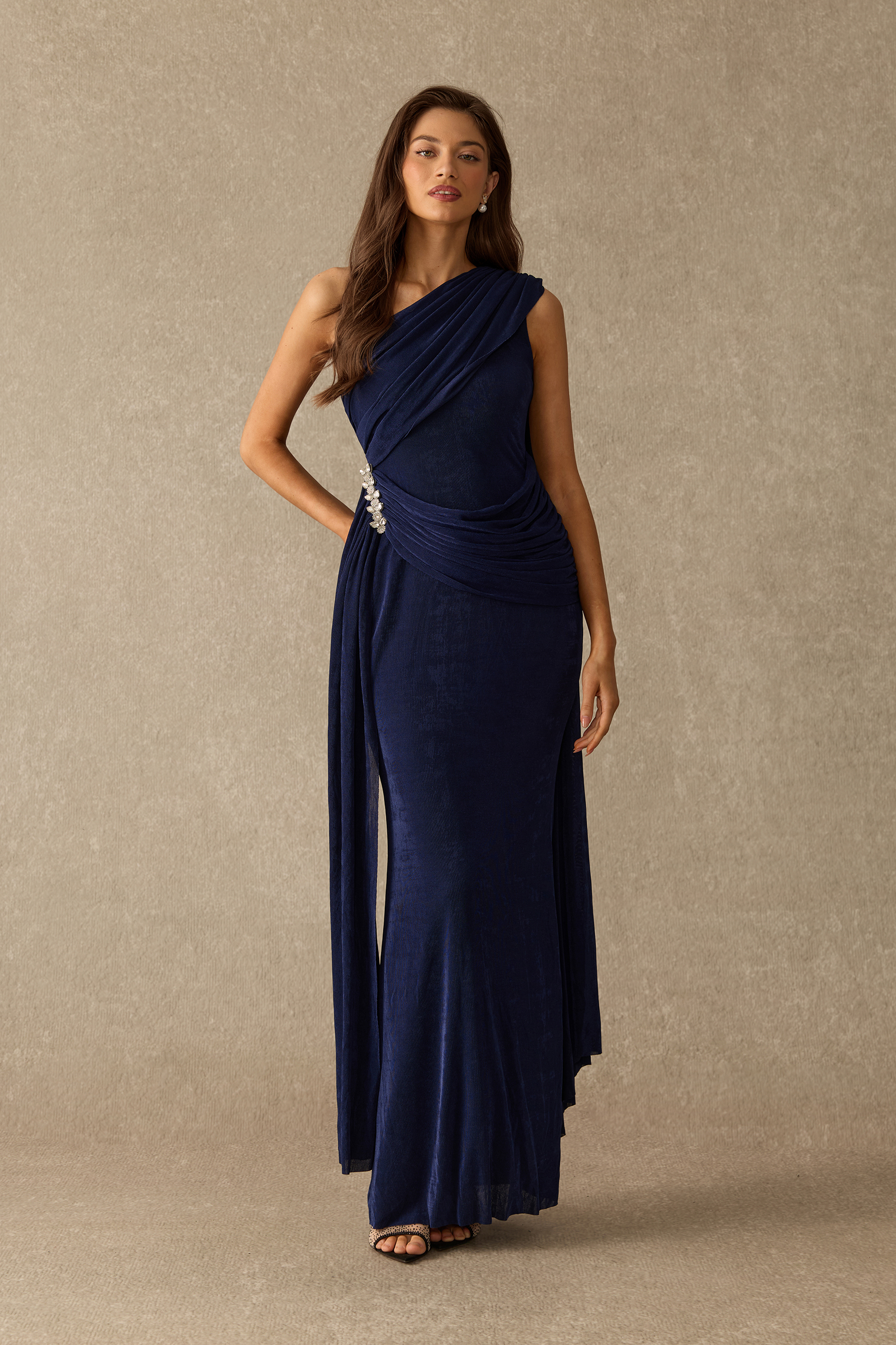 For The Moment One Shoulder Draped Ruched Maxi Dress