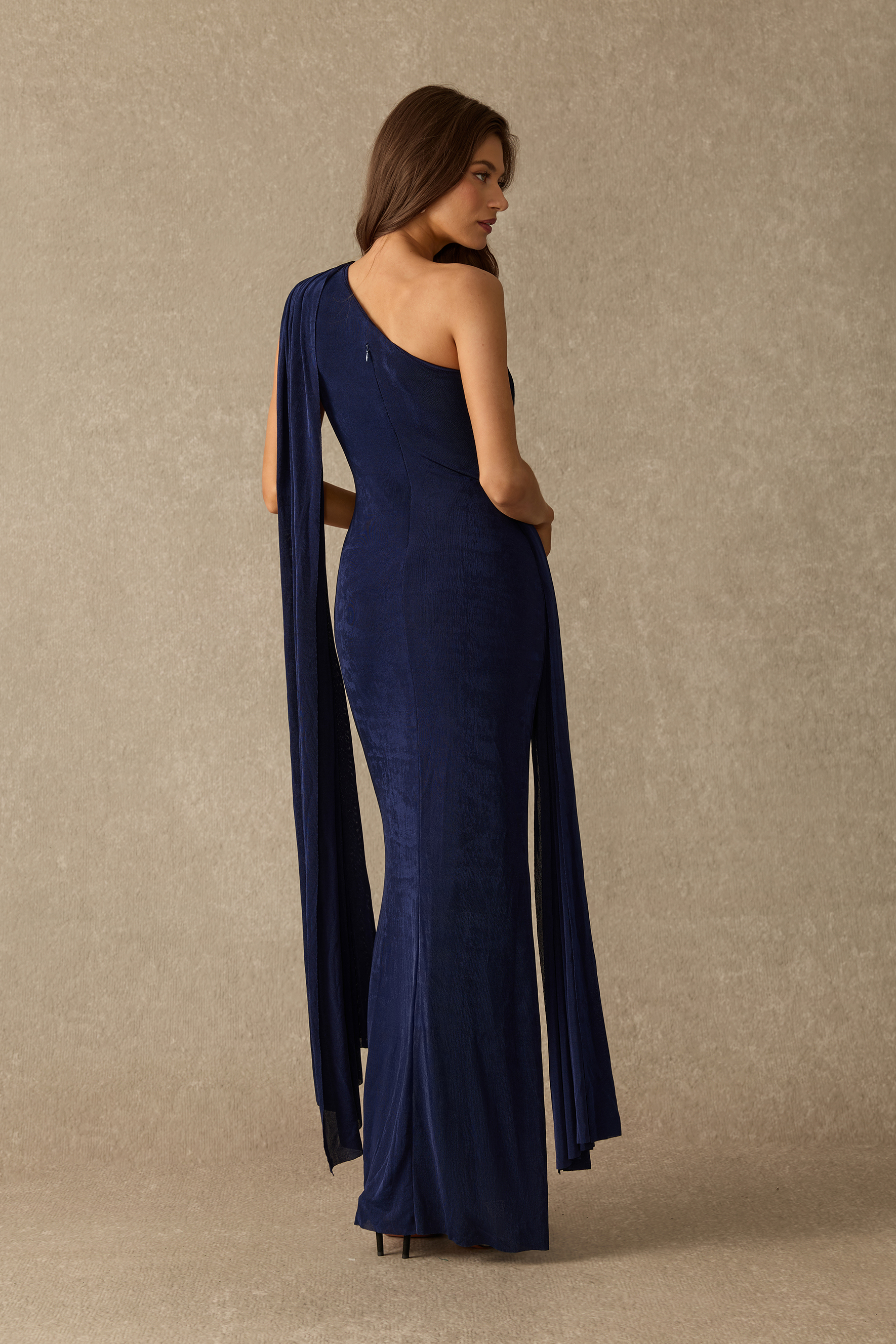 For The Moment One Shoulder Draped Ruched Maxi Dress