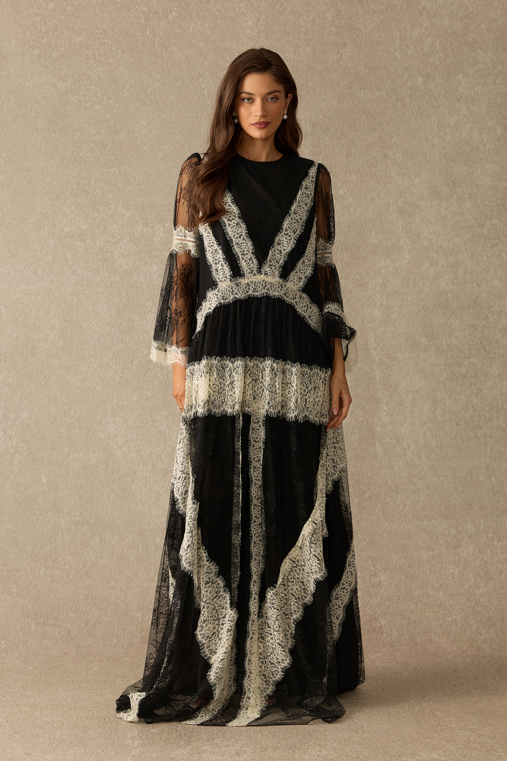 Beautiful Night Long Sleeve Contrast Lace Maxi Dress
