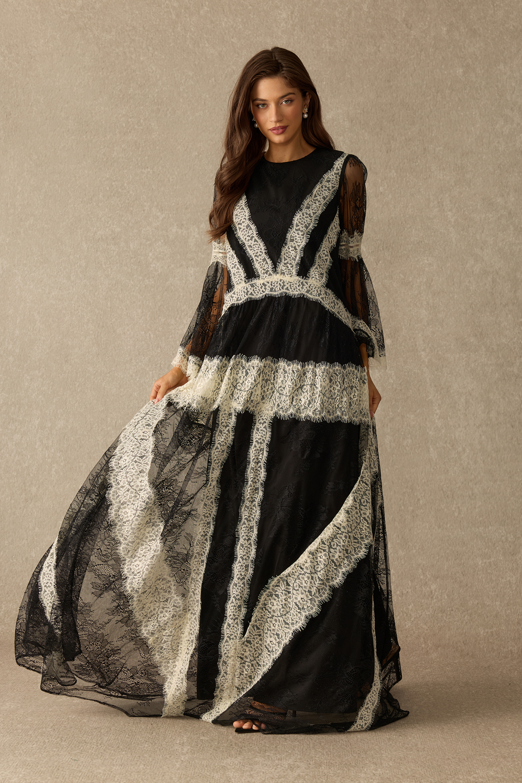 Beautiful Night Long Sleeve Contrast Lace Maxi Dress