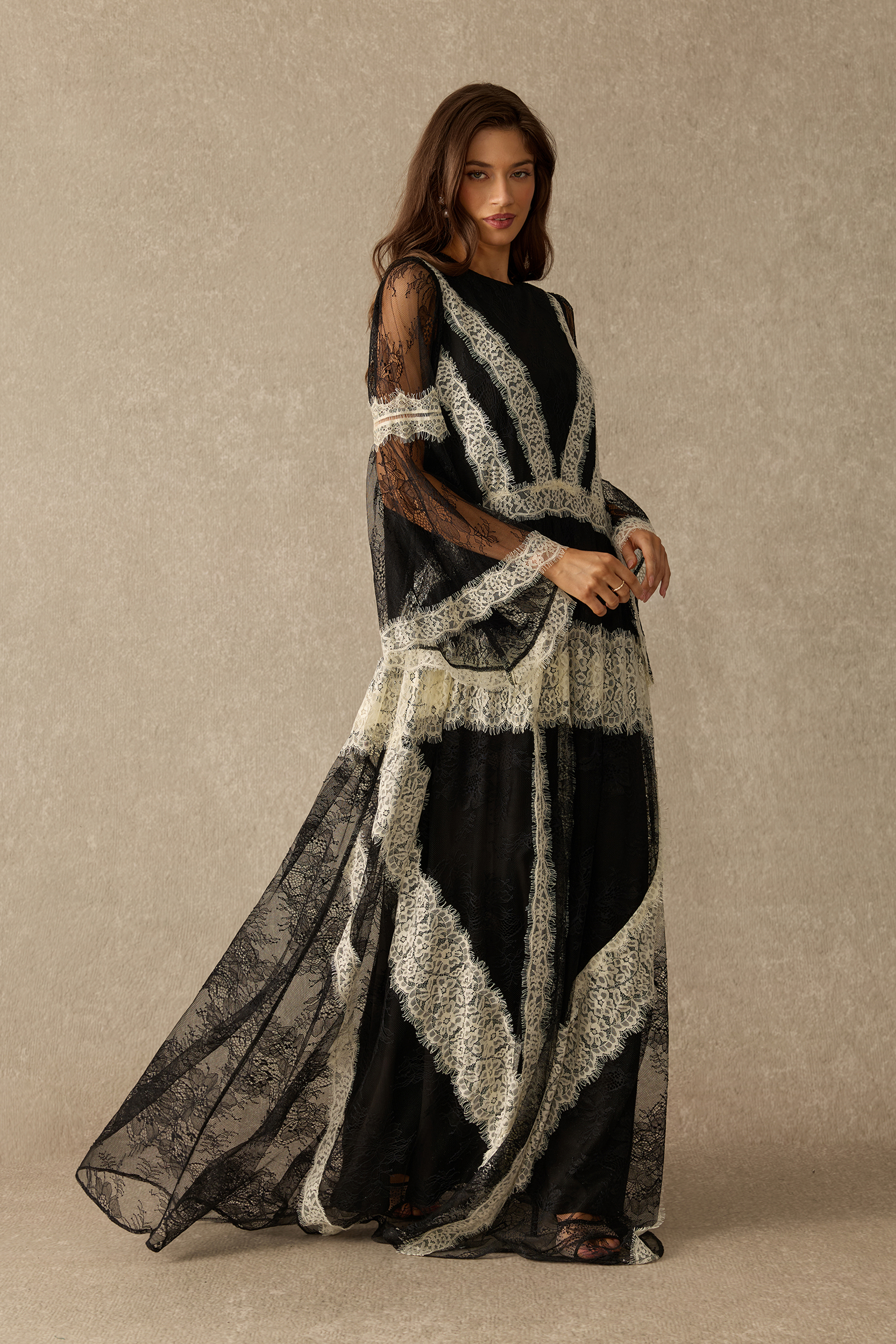 Beautiful Night Long Sleeve Contrast Lace Maxi Dress