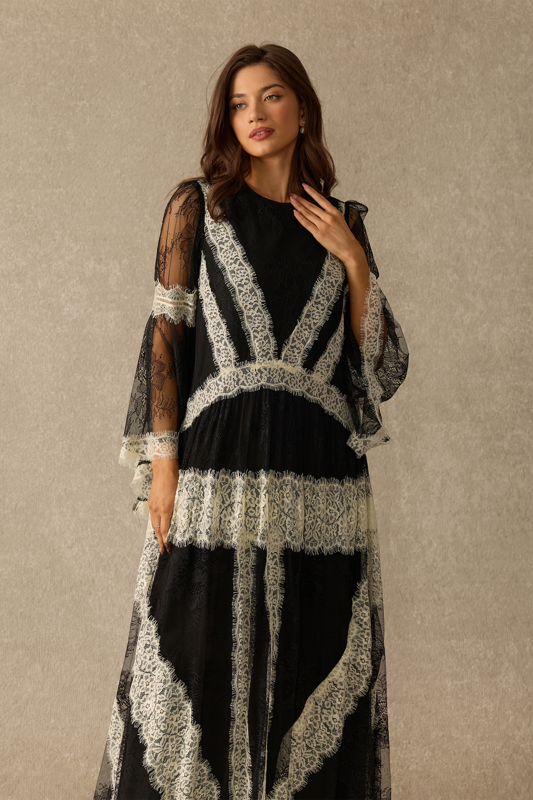 Beautiful Night Long Sleeve Contrast Lace Maxi Dress