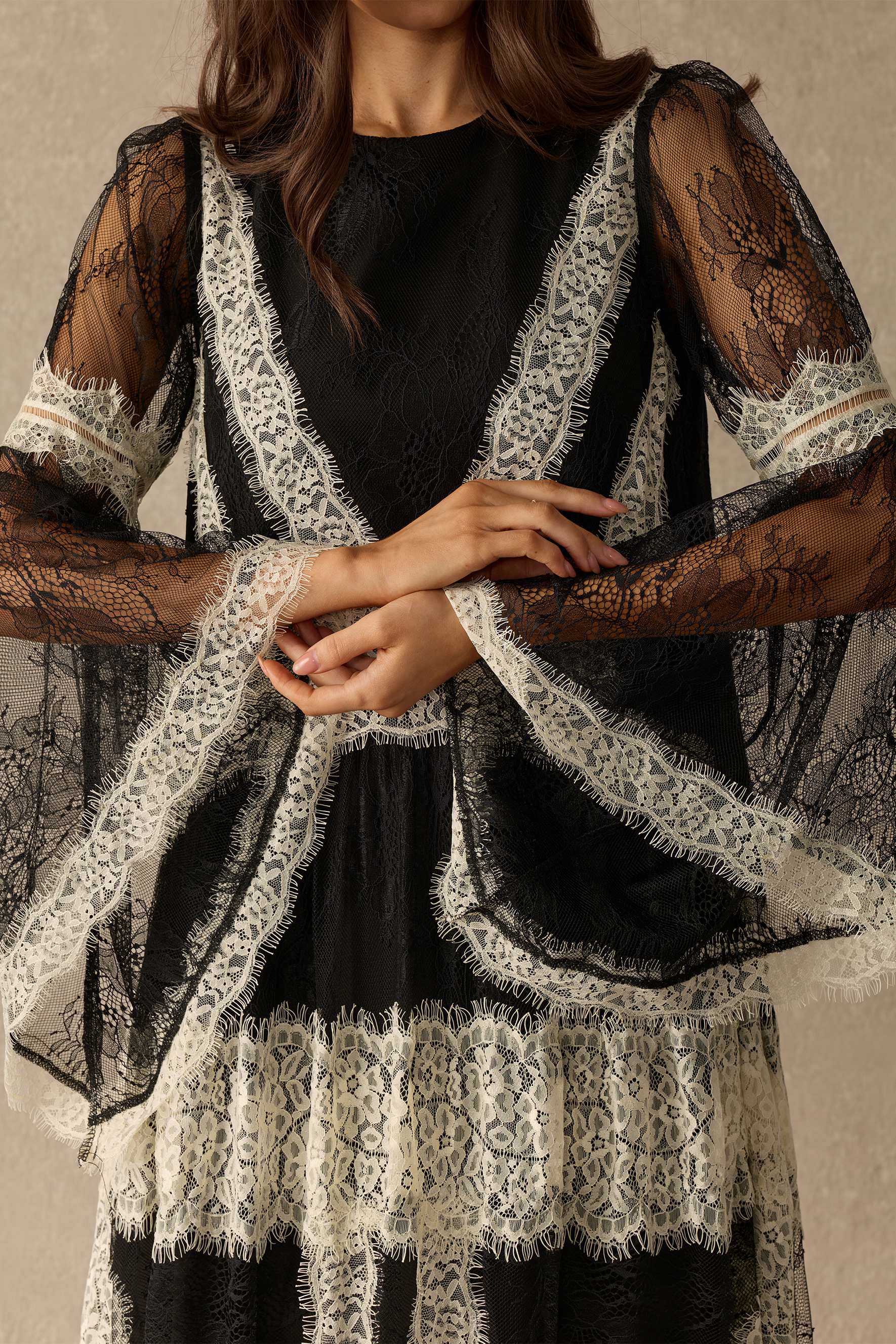 Beautiful Night Long Sleeve Contrast Lace Maxi Dress