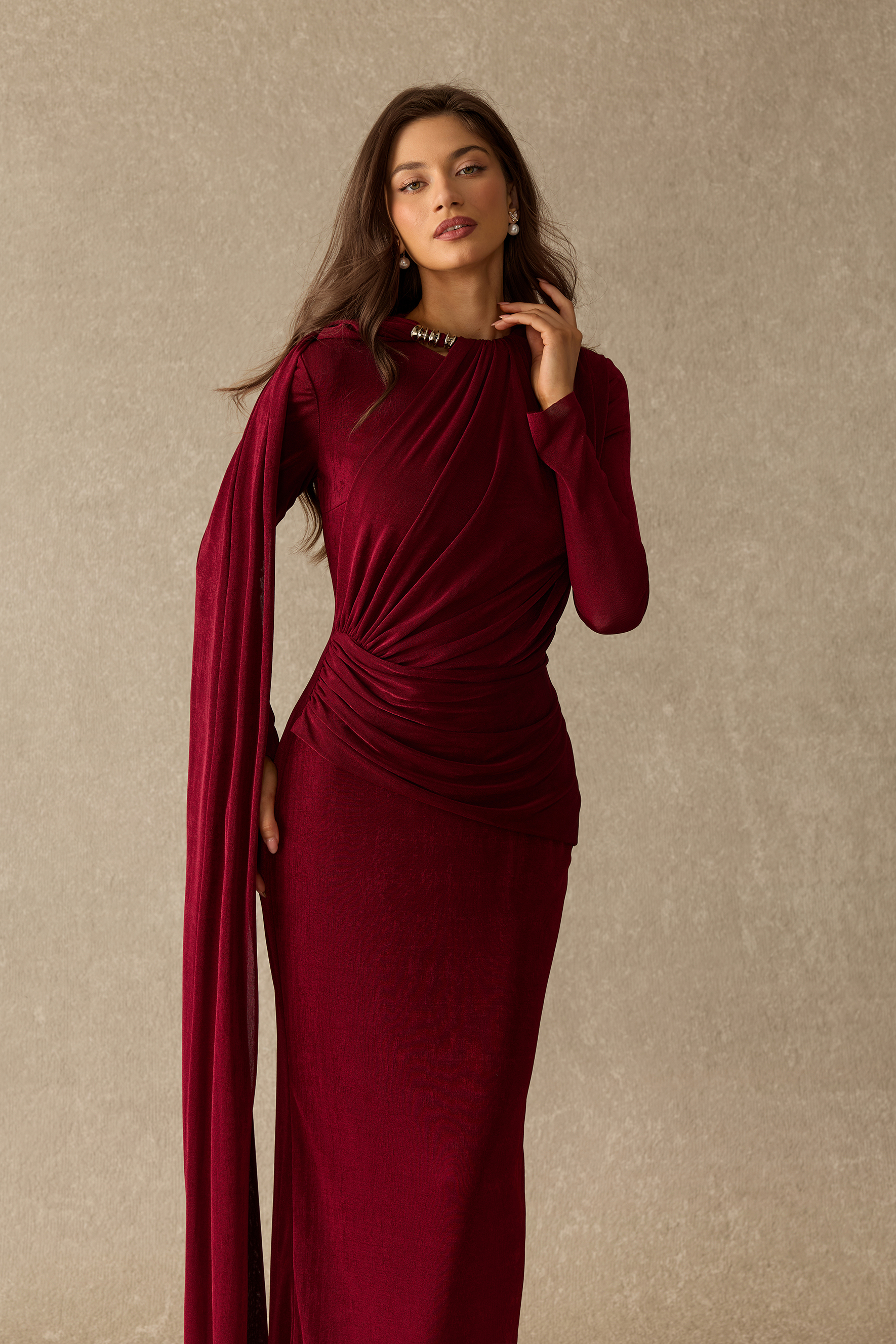 Forever Yours Draped Cape Asymmetric Maxi Dress