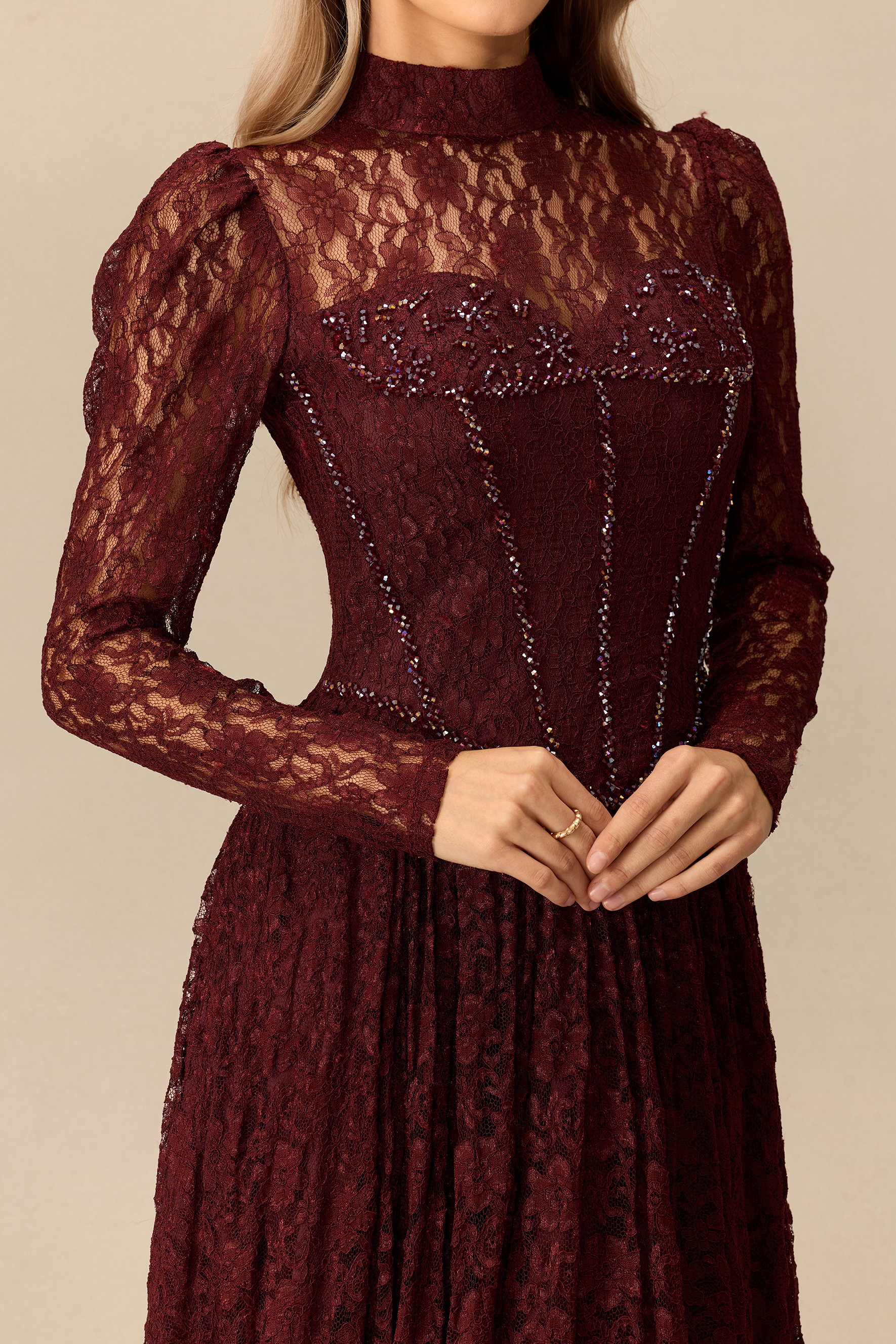 Charming Encounter Rhinestone Embellished Lace Corset Maxi Dress