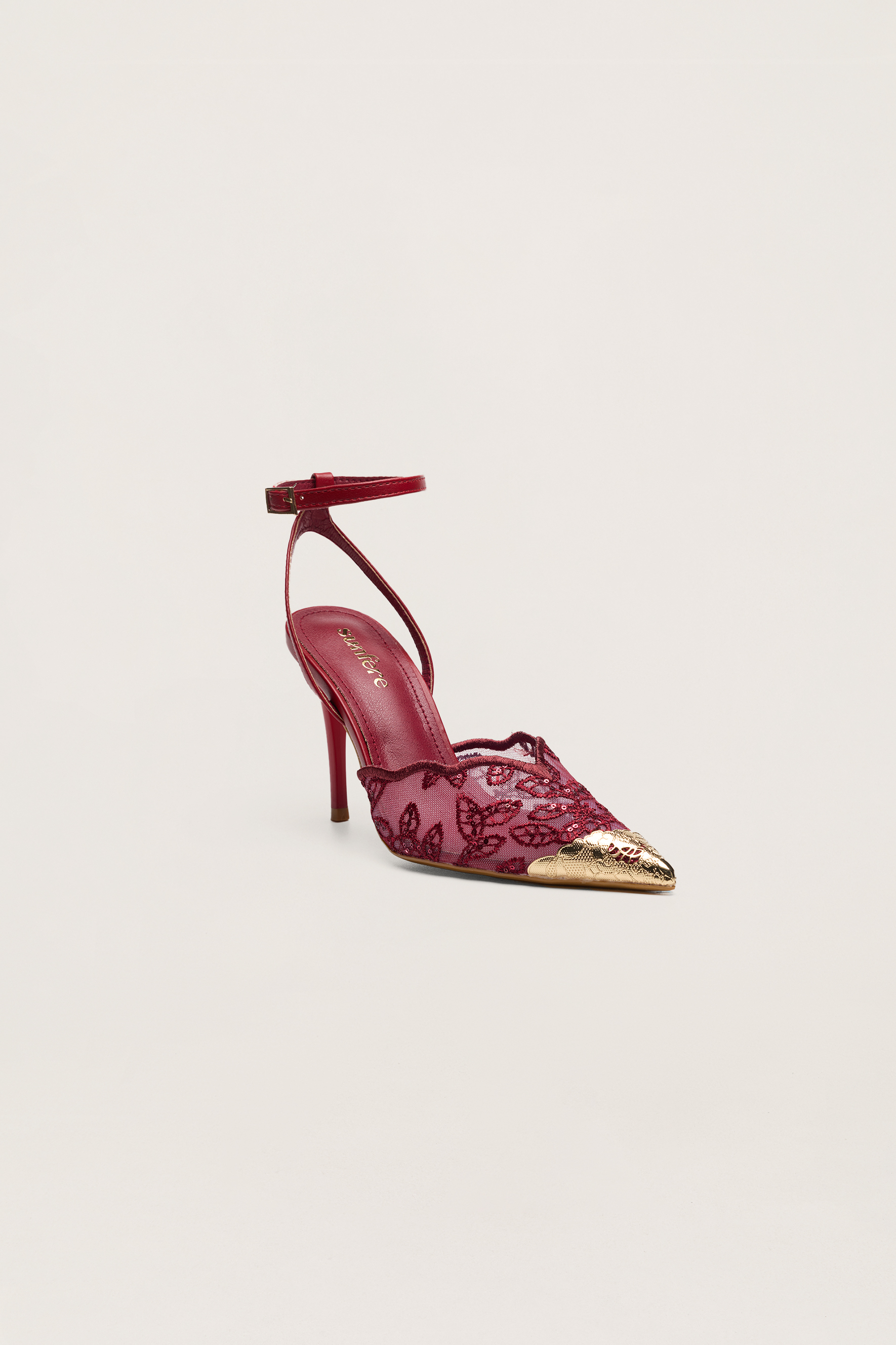 Special Feeling Burgundy Floral Embroidered Scalloped Ankle Strap Pumps