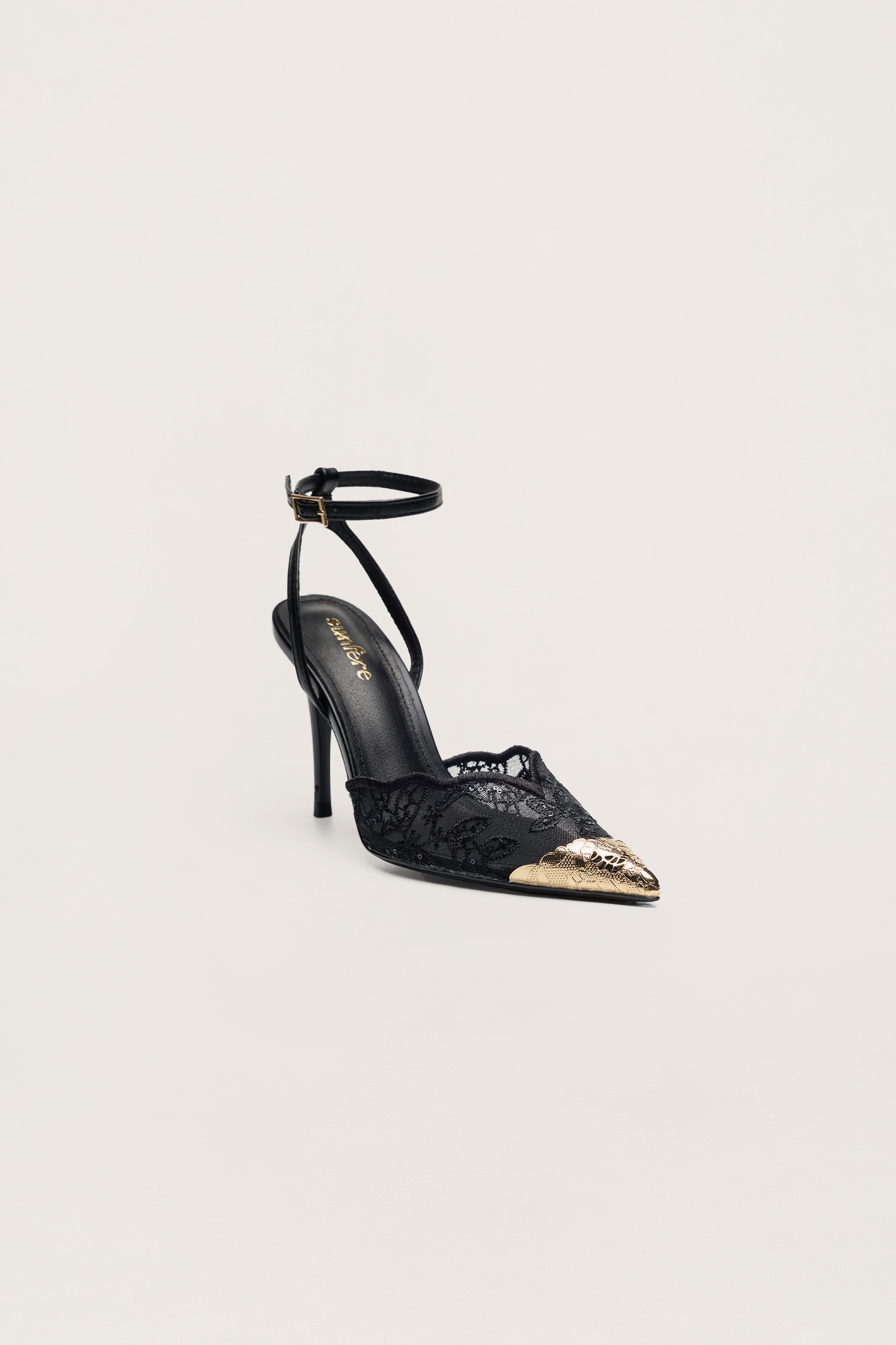 Special Feeling Black Floral Embroidered Scalloped Ankle Strap Pumps